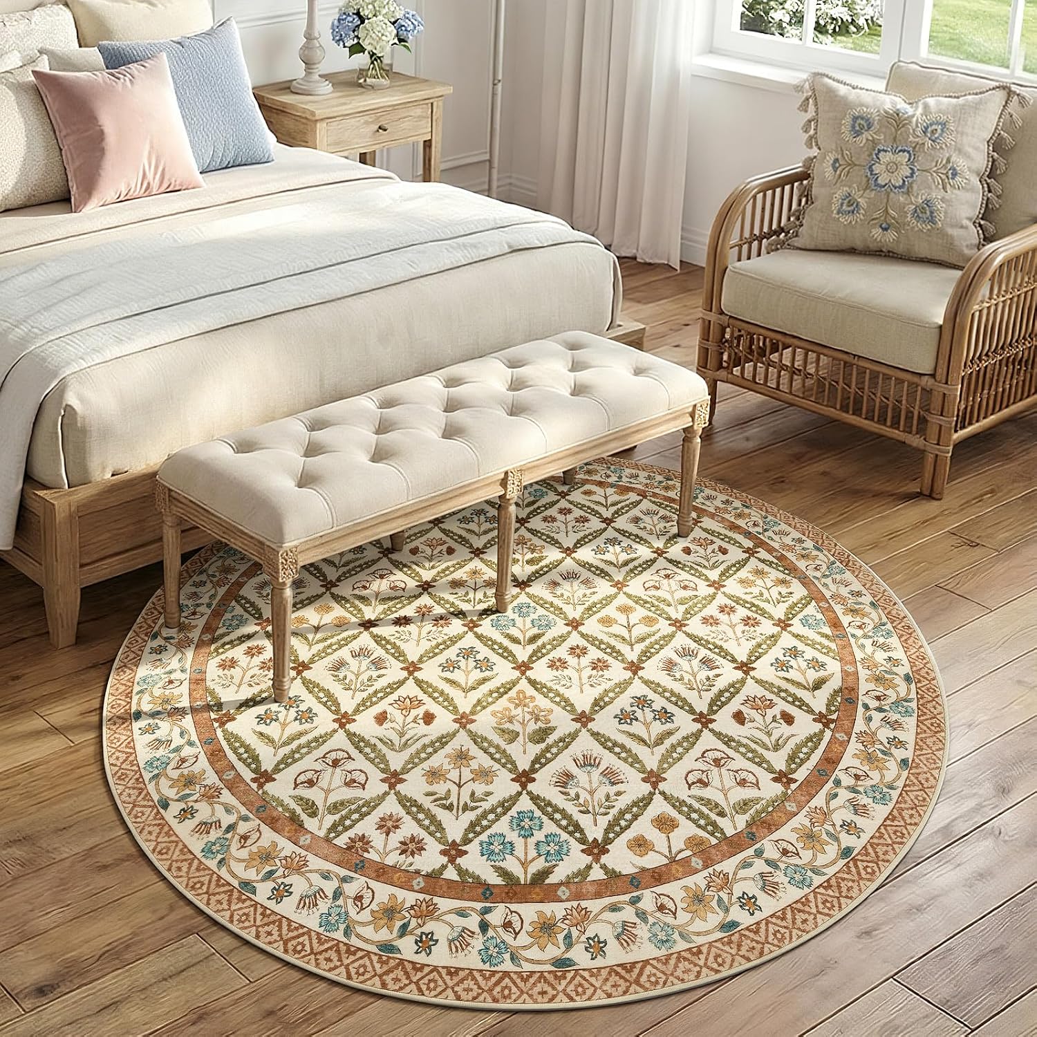 jinchan Haden Round Rug 6ft Vintage Floral Washable Rug for Entryway Kids Room Soft Non-Slip Low Pile Circle Carpet Nursery Living Room Reading Nook Cottage Indoor Decor Terracotta