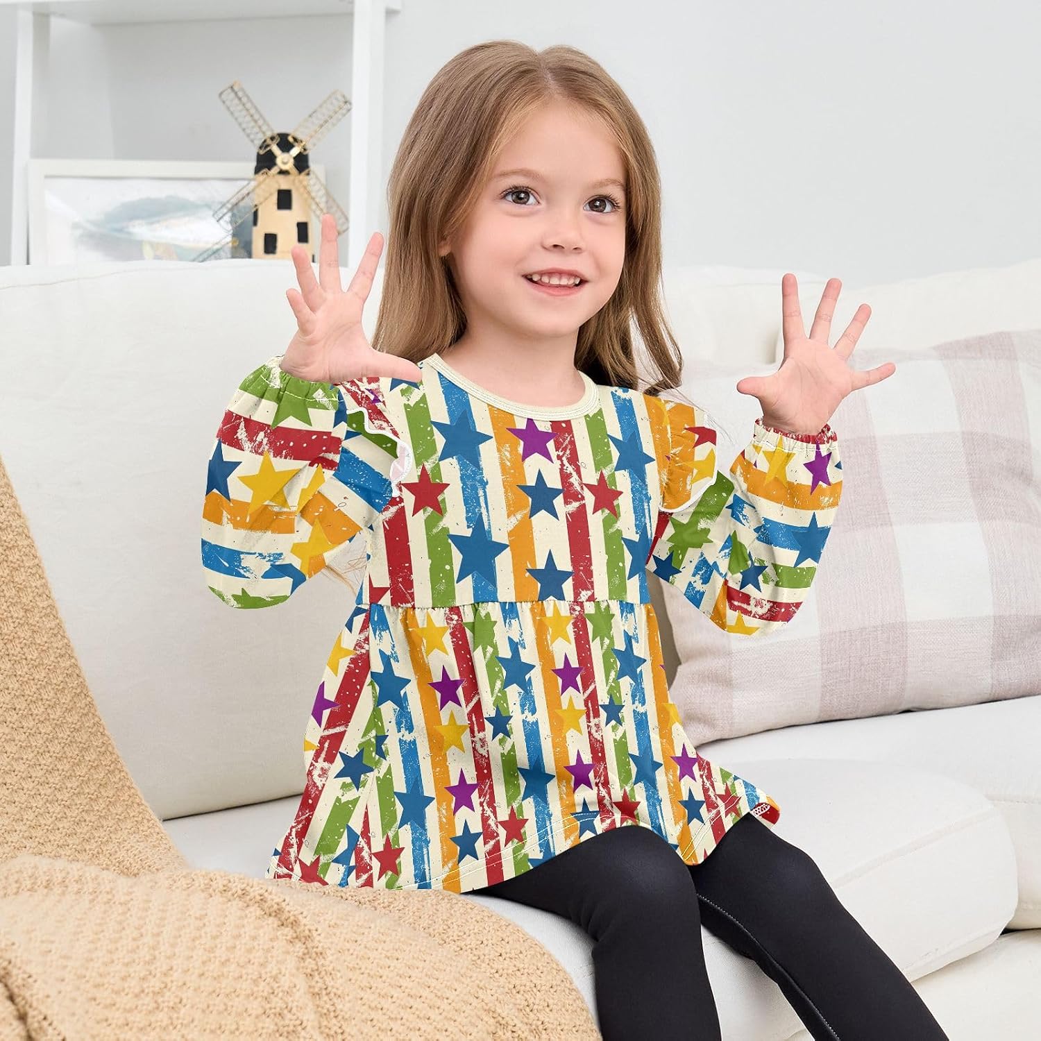 visesunny Toddler Clothes for Girls Faded Striped Star Long Sleeve Fall Shirts Cotton Top with Ruffle Collar