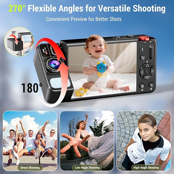 Digital Camera, 4K 64MP Cameras for Photography, 270Flip Screen Kids Camera, Autofocus, Flash, 18X Zoom, 2 Batteries, 64GB Card, Point and Shoot Digital Cameras for Boys Girls Teens, Black