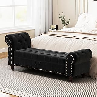 64.5"W Storage Ottoman Bench, Tufted Entryway Bench Seat with Rivet & Rolled Armrests, Upholstered End of Bed Benches, Foot Stool Rest Ottoman Coffee Table for Living Room Bedroom Window, Black