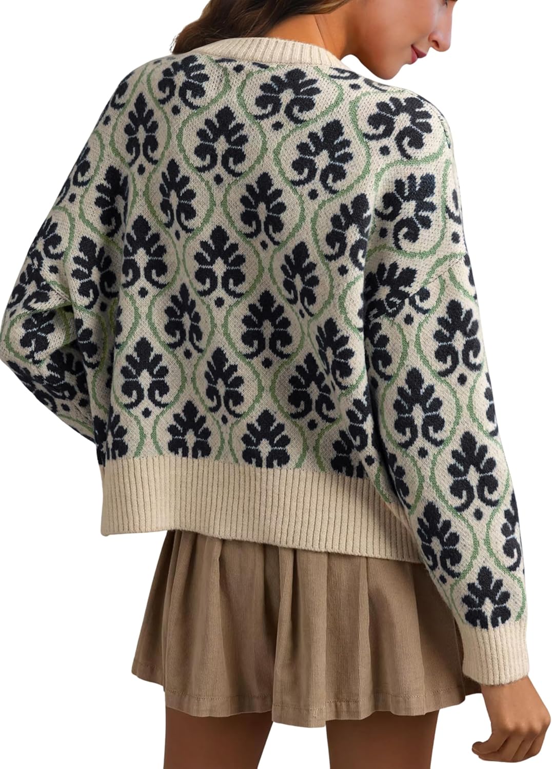 Women Floral Cardigan Sweater Open Front Long Sleeve Button Down Knit Sweater Vintage Outerwear - Image 4