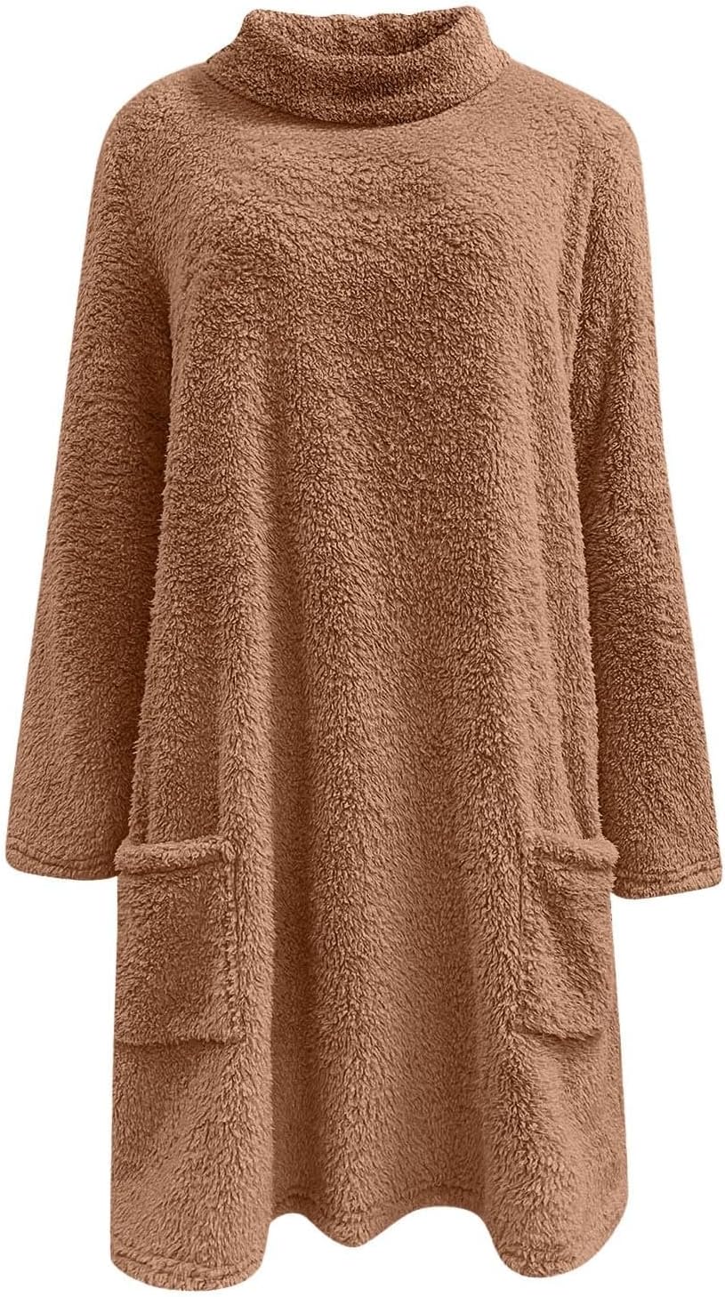 Cozy Sweaters for Women Sherpa Long Sleeve Mock Neck Tops Turtleneck Fleece Tunic Sweater with Pockets Loungewear - Image 6