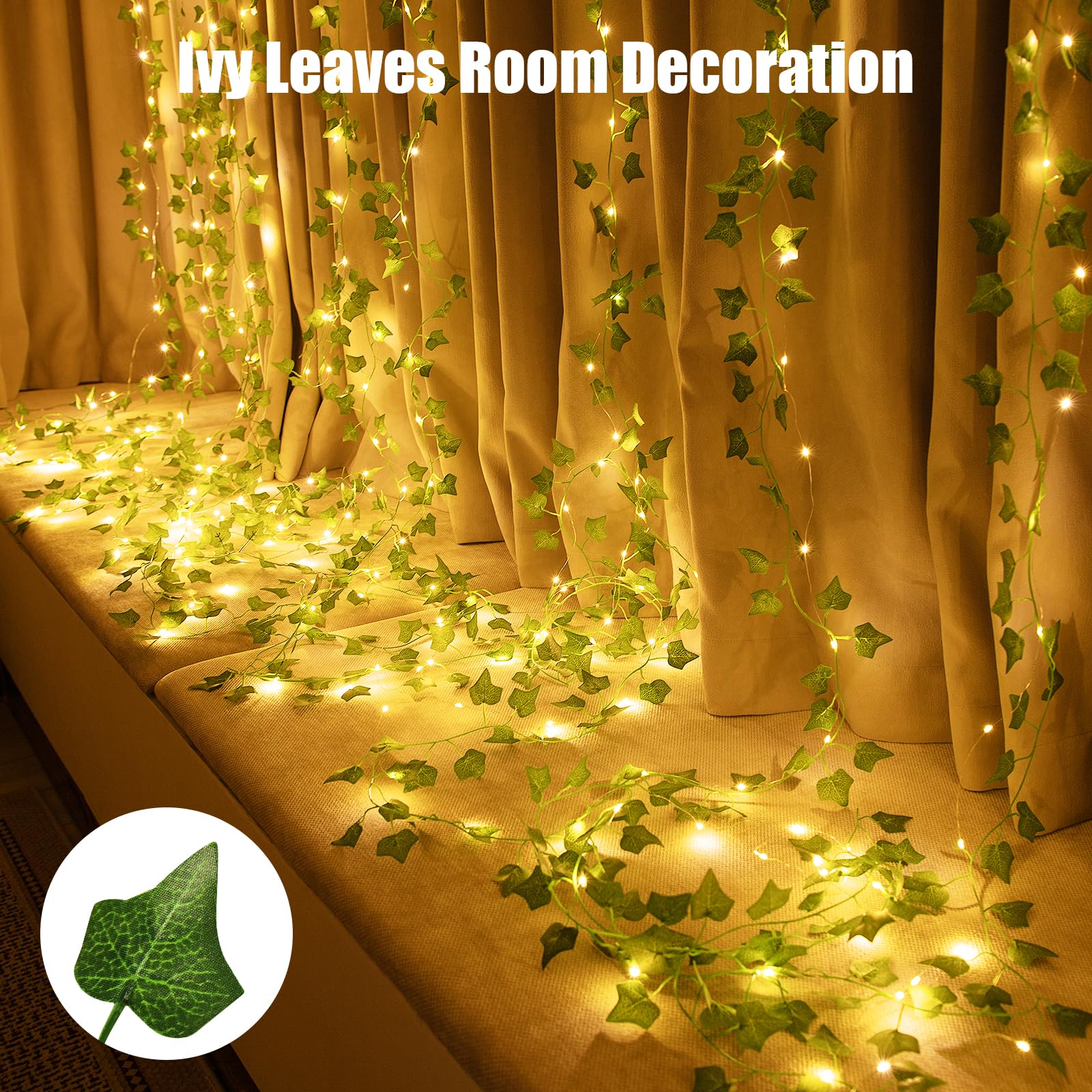 Artrastar Pack of 10 LED Ivy Artificial Fairy Lights USB Ivy Garland with 200 LED Fairy Lights for Spring Children's Room Curtain Wall Decoration - Image 3