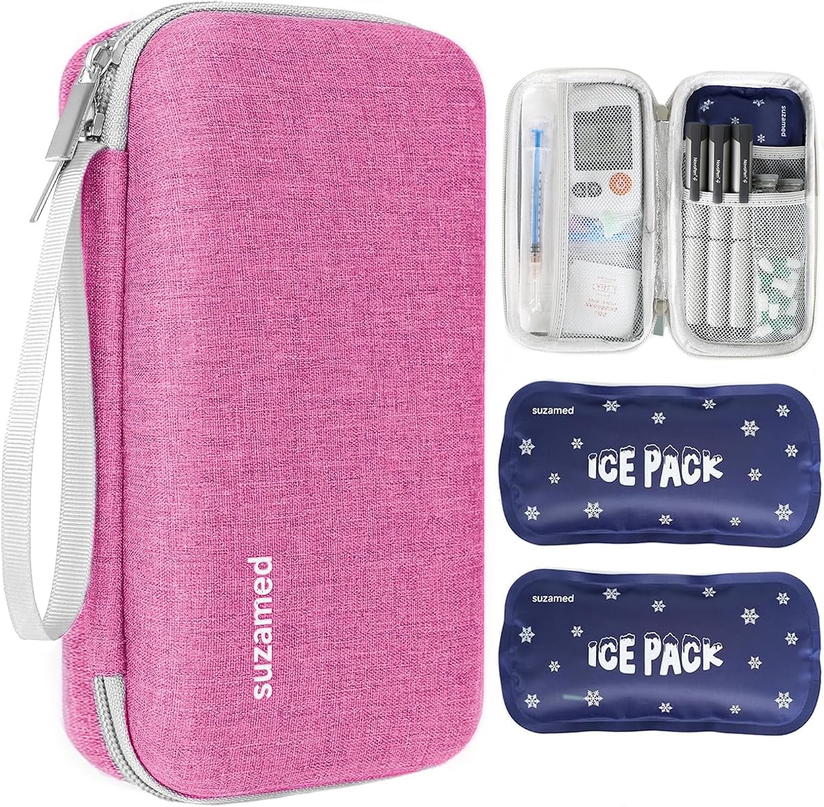 Estuche de viaje para refrigerador de insulina, 2 bolsas de hielo de 150 g aprobadas por la TSA, rosa | Kit de medicina de viaje con aislamiento EVA para 1-5 bolígrafos y suministros para diabéticos, cuidado de la diabetes, mango portátil para uso diario y viaje
