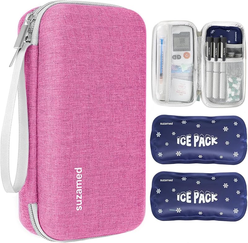 Estuche de viaje para refrigerador de insulina, 2 bolsas de hielo de 150 g aprobadas por la TSA, rosa | Kit de medicina de viaje con aislamiento EVA para 1-5 bolígrafos y suministros para diabéticos, cuidado de la diabetes, mango portátil para uso diario y viaje