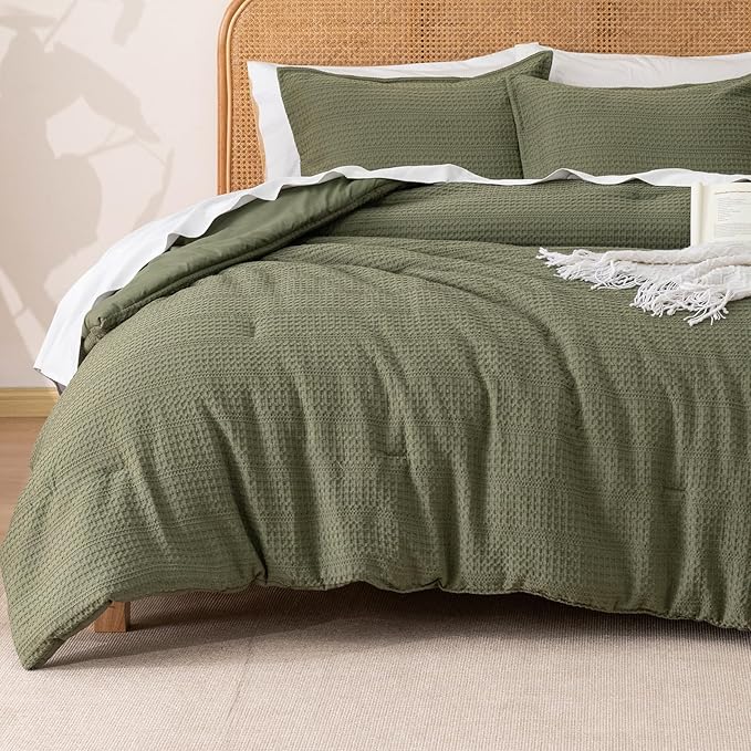 Soft Waffle Comforter Set King Size- Comfy Breathable Waffle Weave Comforter with 2 Pillow Shams, 3 Pieces No Snagging Lightweight Bedding Set for All Season, Olive Green
