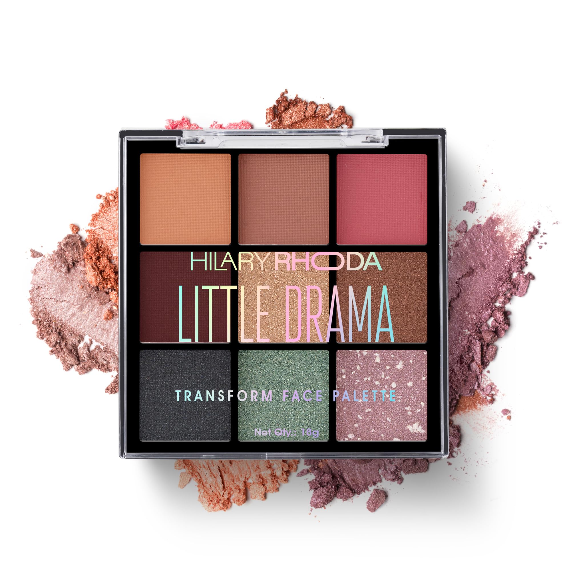 Hilary Rhoda Transform Face Palette | All-in-One | 9 Eyeshadows, 2 Blushes, Highlighter & Contour | Matte + Shimmer Finish | Highly Pigmented | Travel Friendly Makeup Kit (Little Drama - Shade 02) – 18g