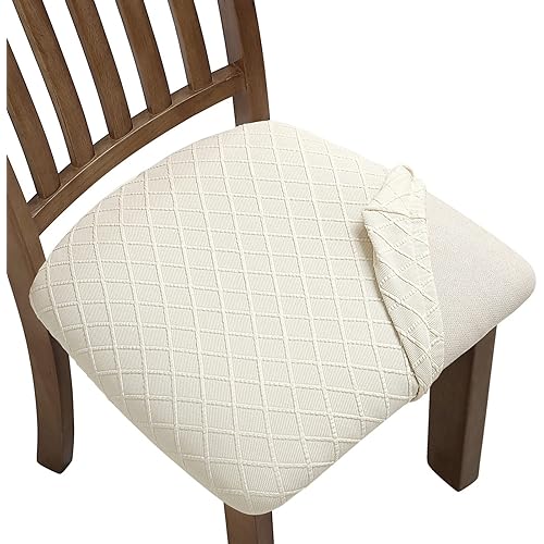 Fuloon 4 Pack Stretch Jacquard Chair Seat Covers, Removable Washable Anti-Dust Dining Room Chair Seat Cushion Slipcovers (4, Beige)