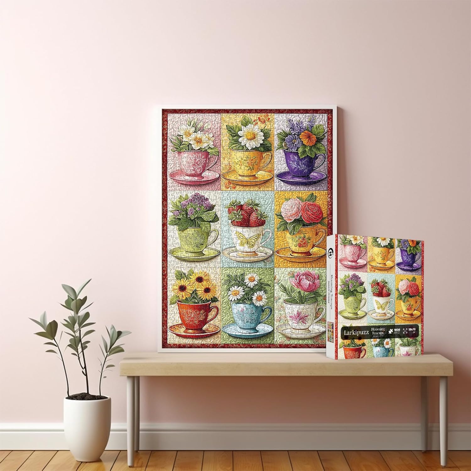 Wildflower Patch Puzzles for Adults 1000 Pieces, Spring Floral Plant Jigsaw Puzzles Quilting Patchwork Art, Larkipuzz Challenging Teacup Collage Theme for Nature Lovers