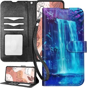 for Samsung Galaxy A17 Wallet Case with Wrist Strap,RFID Blocking,Shockproof TPU Interior,PU Leather Flip Cover with Magnetic Closure,Card Slots,Blue Cascade