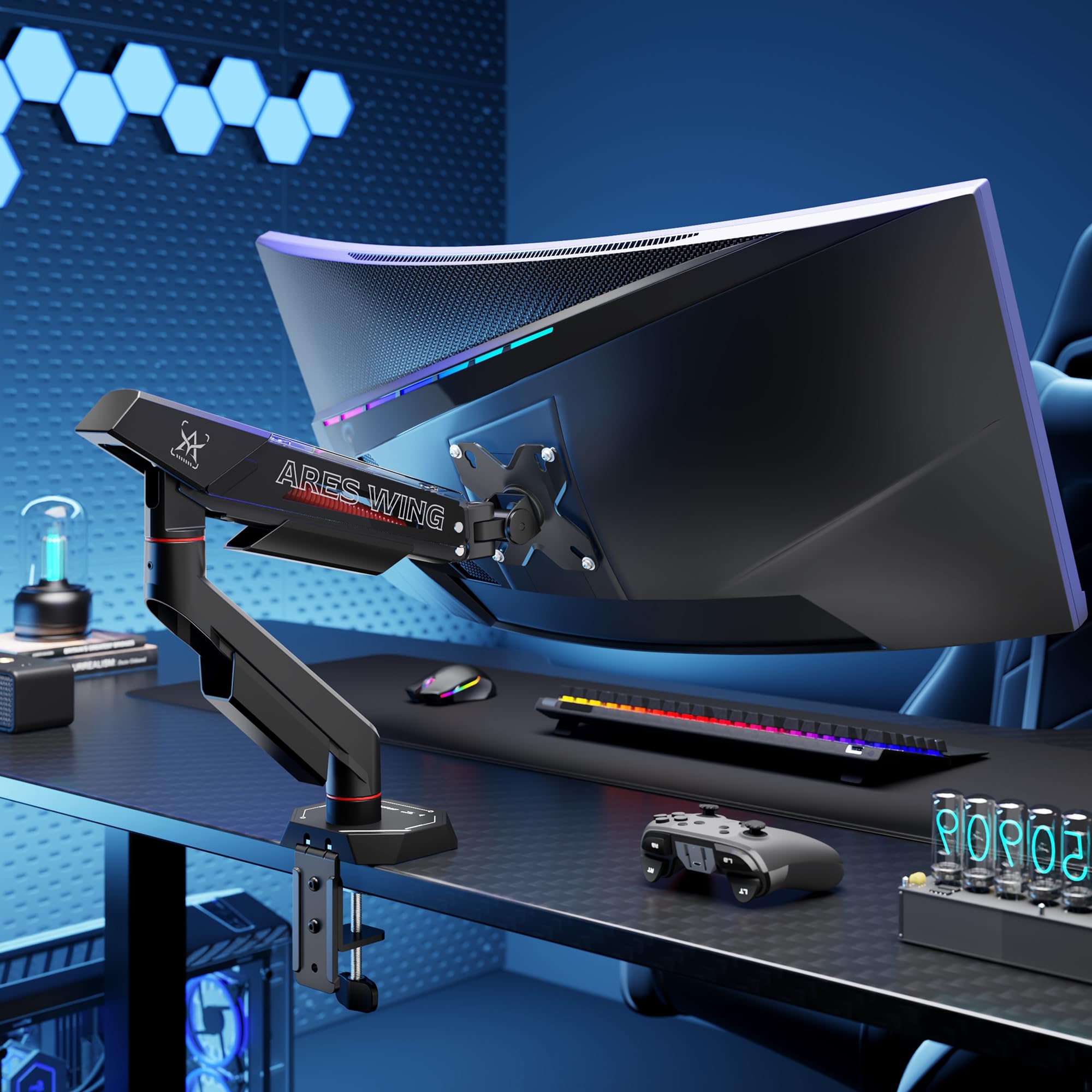 ARES WING Bras écran pc 17-40 Pouces Charge 12kg VESA 75/100 réglable Noir | Support écran pc plats & incurvés, multi-angle, fixation pince/trou，Gaming Monitor arm avec gestion câbles, aluminium