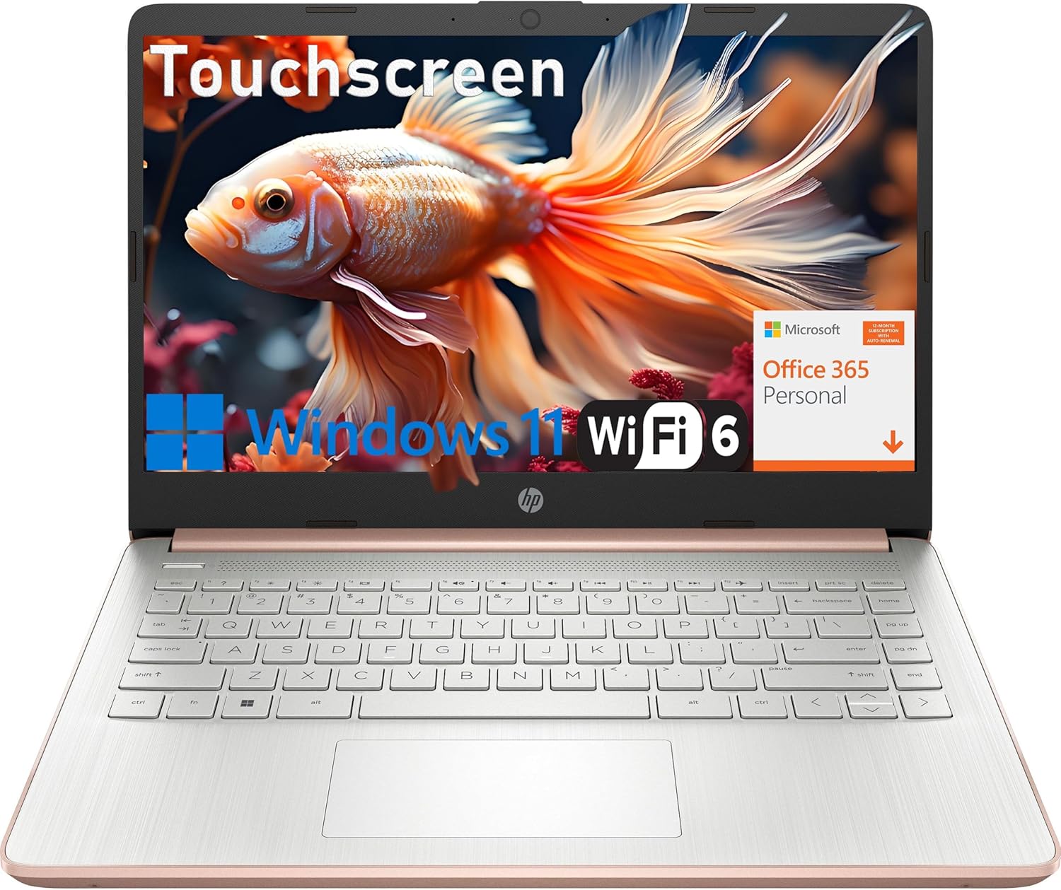 HP Touchscreen Laptop Computer for Student Home Study, 1-Year Office 365, Intel Processor, WiFi 6, Bluetooth 5.4, 14 inch Display, Webcam, Type-C, HDMI, Pale Rose Gold, Windows 11 S