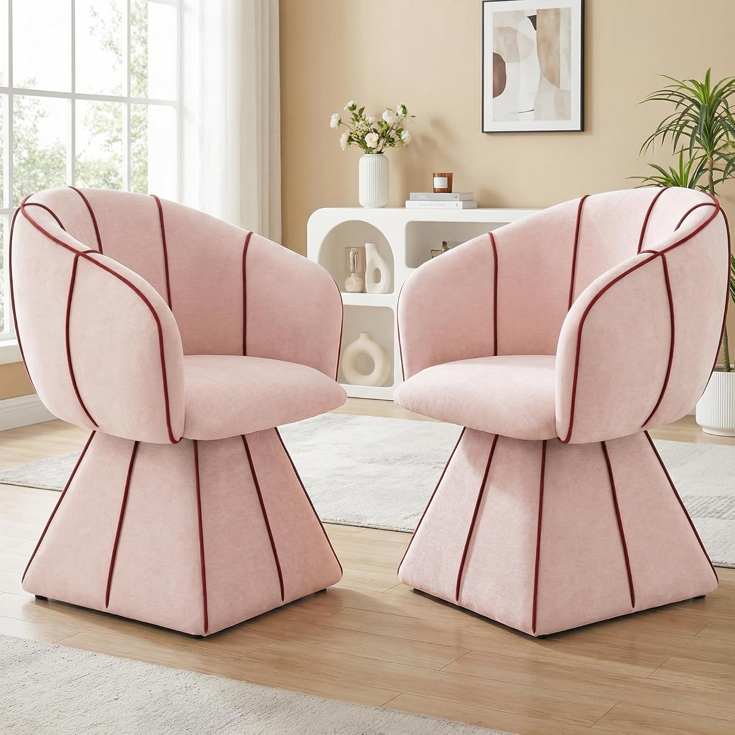 Swivel Accent Chair Set of 2, 360° Cute Vanity Chair with Curved Back – Small Pink Barrel Chair in Soft Cotton Fabric for Bedroom or Living Room (Pink)