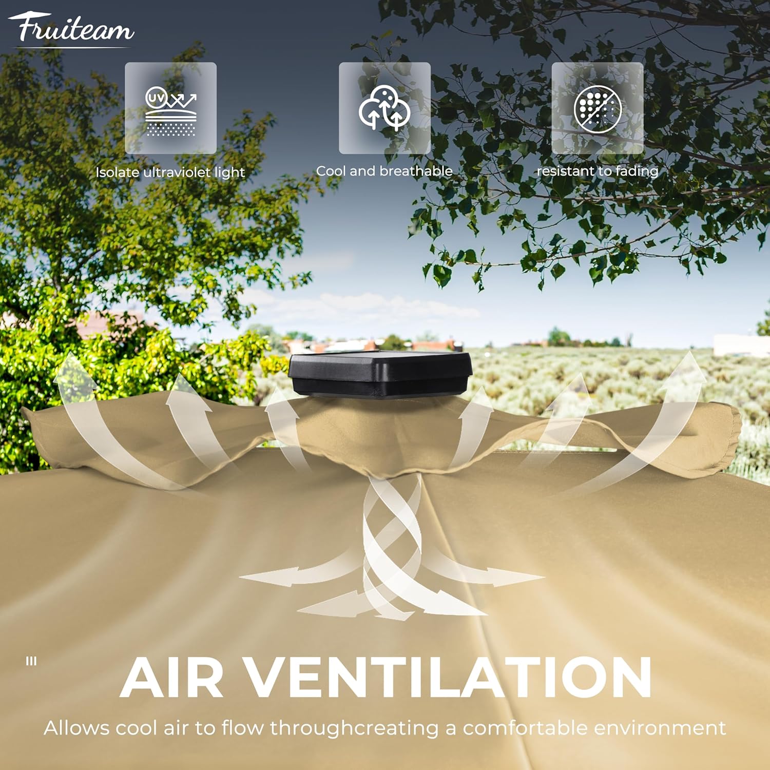 FRUITEAM Solar LED patio Ourdoor market umbrella with LED Lights,Tilt and Crank Table Umbrellas for Garden, Deck, Backyard and Pool(Beige)