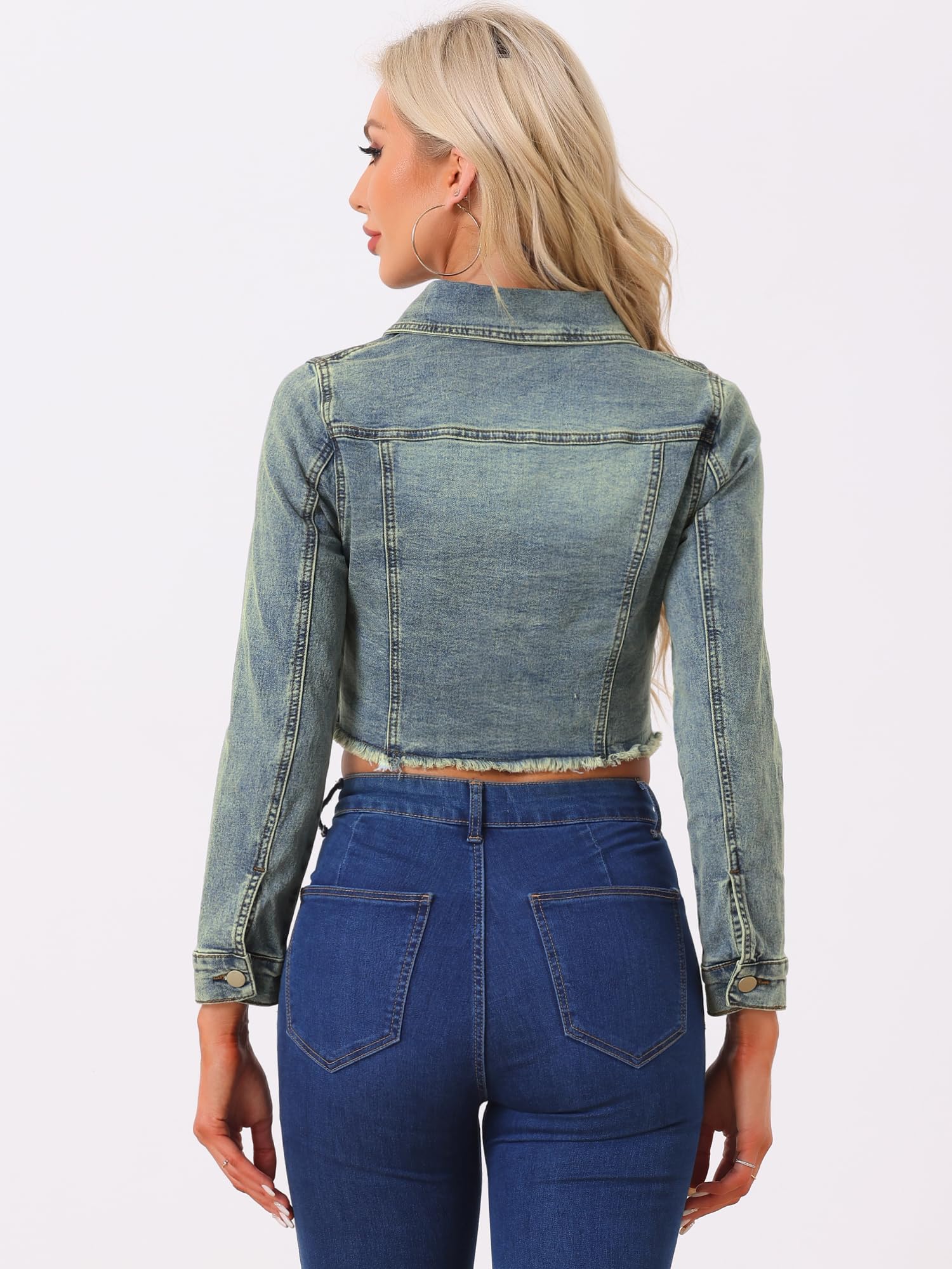 Allegra K Veste en Jean Femmes Effiloché Blouson Court en Denim Boutonnée