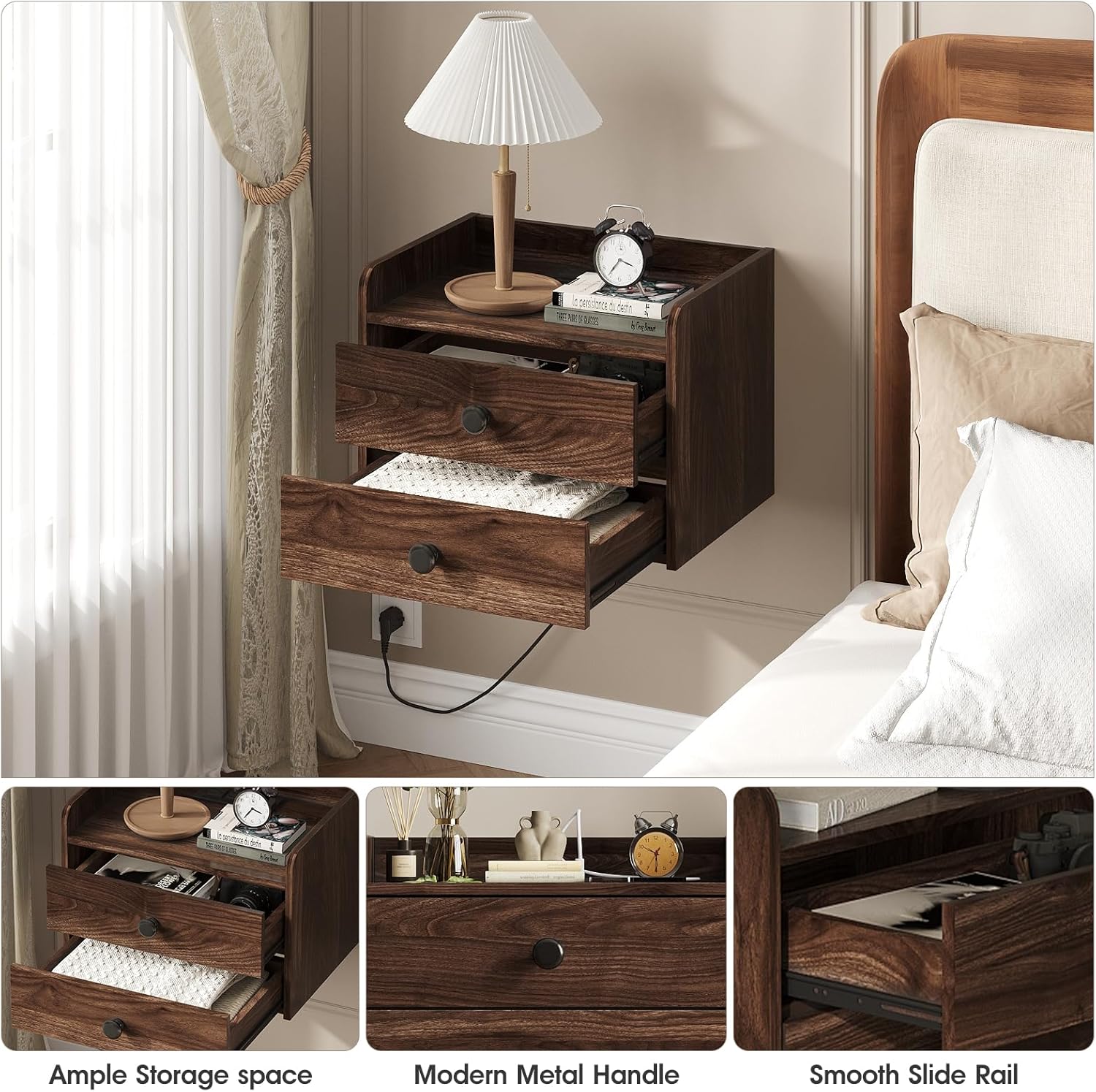 Floating Nightstand Set of 2 with 2 Storage Drawers and Charging Station Wood Wall Mounted Bedside End Table Modern Night Stands Set 2 for Bedroom,Small Space,Brown Walnut