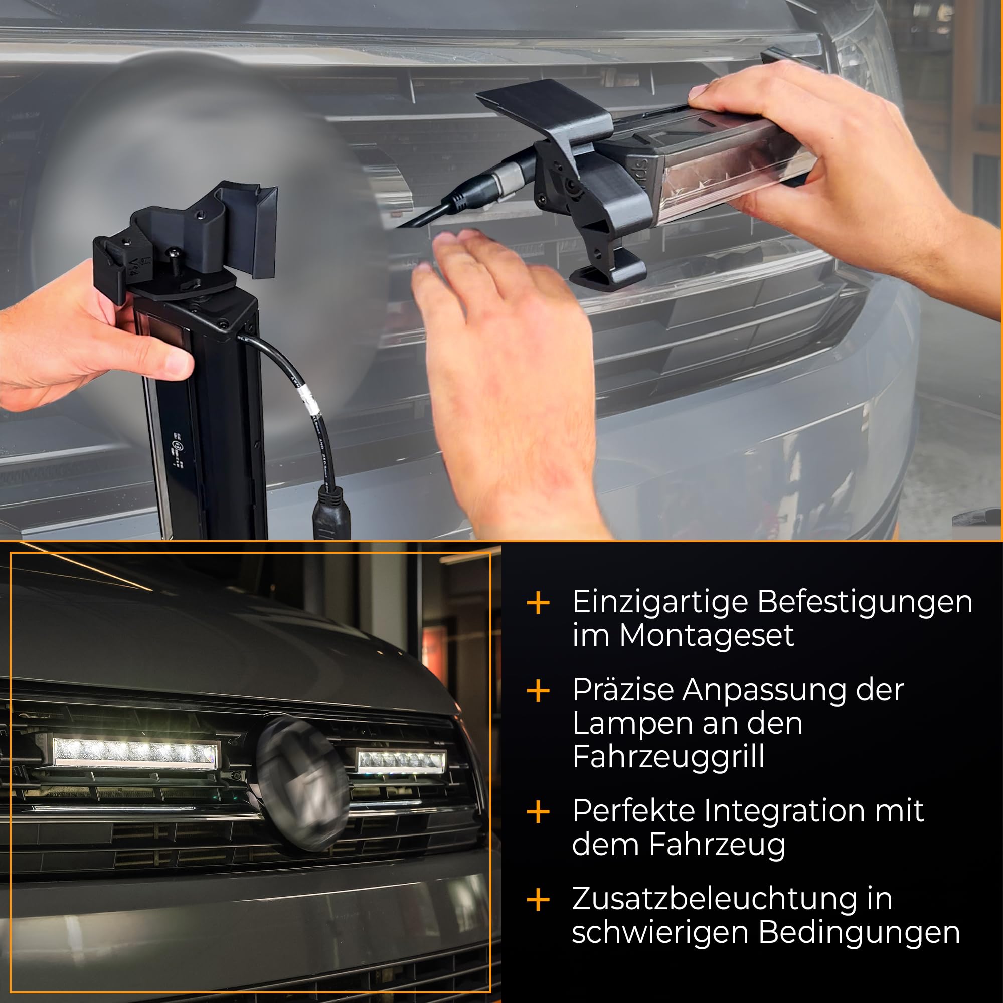 CHROMEMASTER | LED-Lampen im Fahrzeuggrill Kompatibel mit Volkswagen Multivan T6 2015-2019; 2x LED BAR Tagfahrlicht Strands Firefly 10’’, IP68, DT4-Stecker, E-Zulassung, 12-24V DC; 3 Leuchtmodi