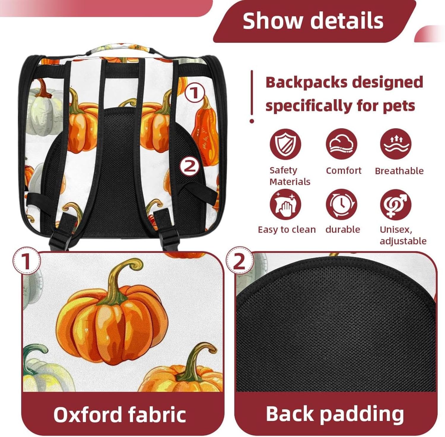 Portable Travel pet Backpack Carrier Hamster Bag Small Dog cat Carrier Breathable Hang Bag, Bright Pumpkins on White Background 1