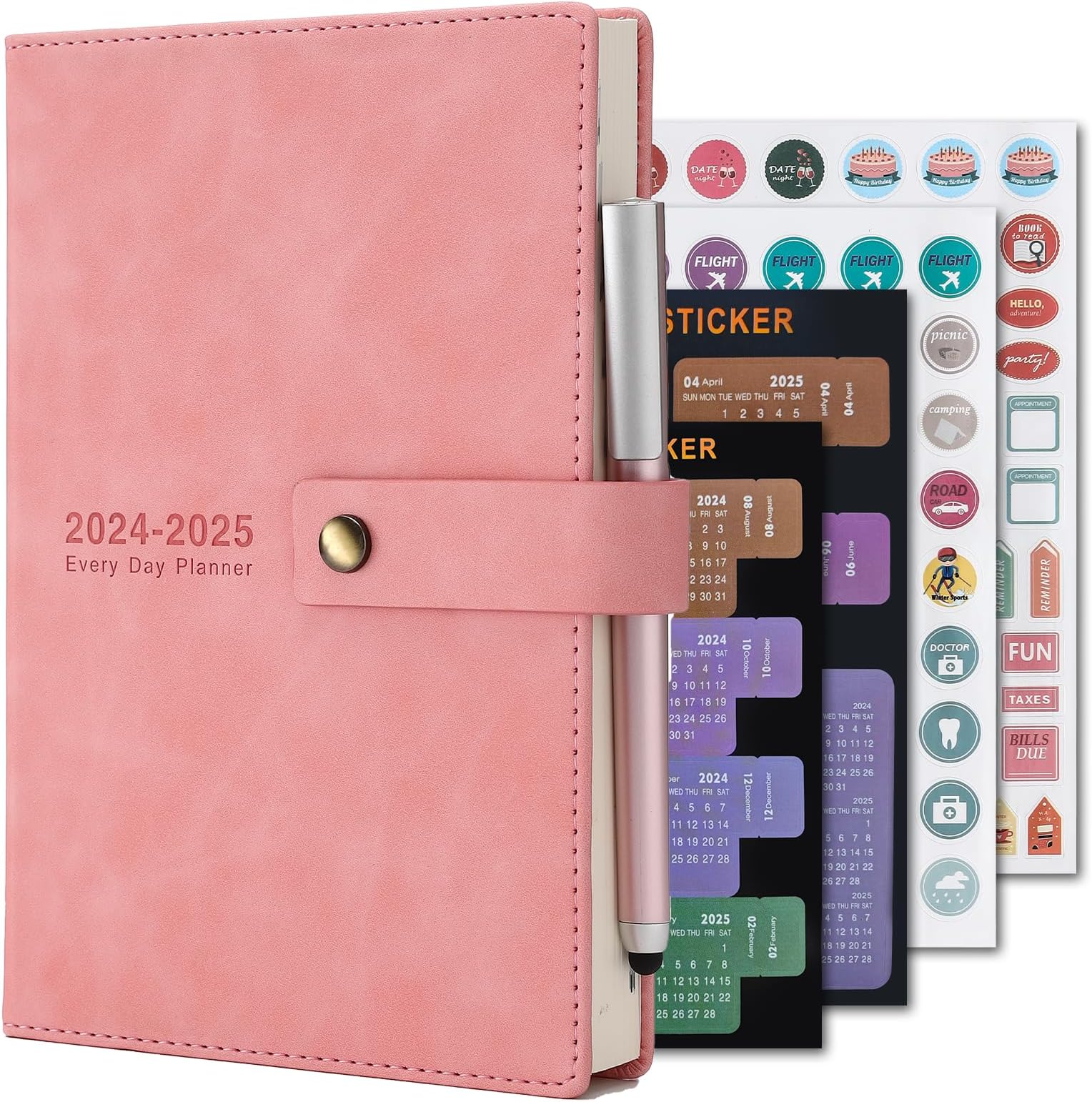 Academic Diary 2024-2025,Daily Planner,A5 Day Per Page,Daily Diary from Jul 2024-Jun 2025,Hard Cover Organisers Journals with Pen,Bookmark,Monthly Tabs,Stickers and Inner Pocket-14.5x21.5 cm (Pink)