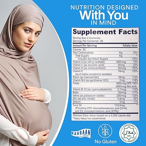 Miniatura 7 de Gomitas prenatales halal para mujeres, vitaminas prenatales de gomitas halal con DHA y ácido fólico para antes, durantesdespués del embarazo, 60
