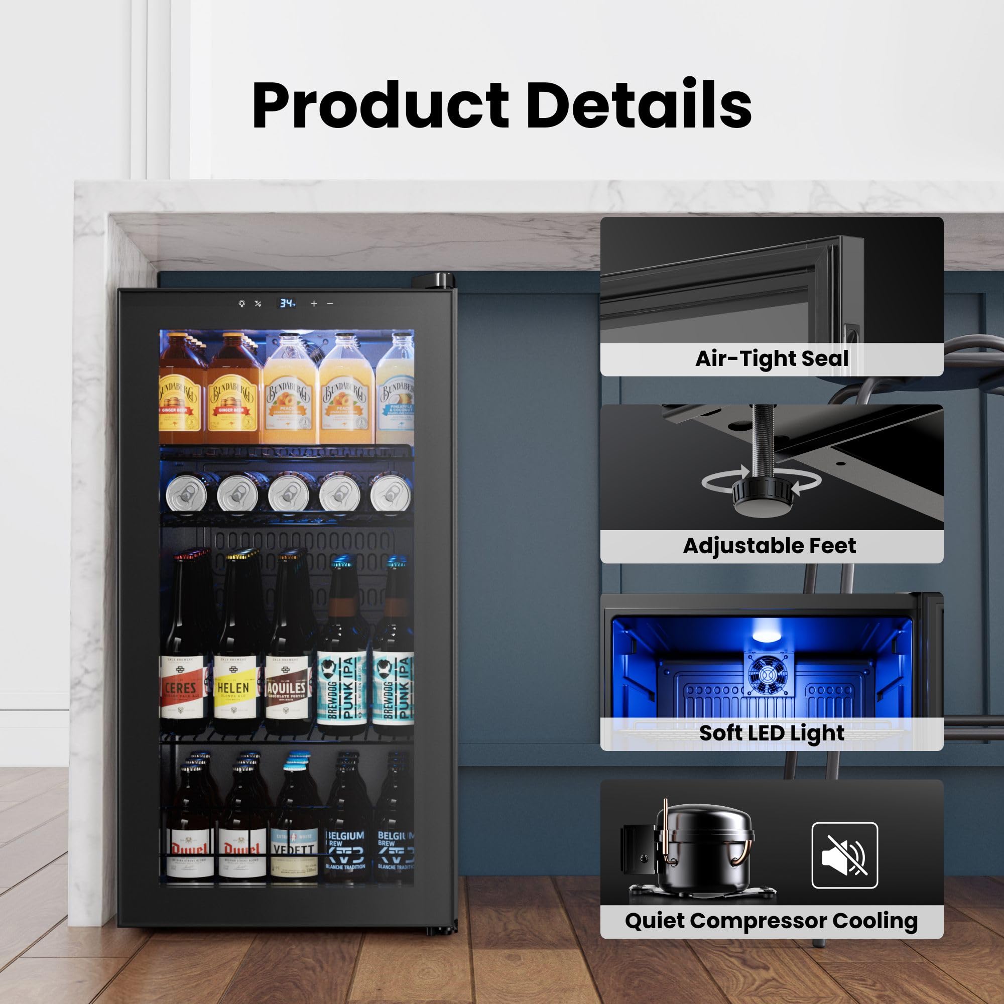 YEEGO Beverage Refrigerator, 105 Can Mini Fridge With Glass Door, Adjustable Shelves, Digital Temperature Control 34°F-54°F, Drink Cooler For Soda, Beer And Wine, Freestanding Or Under Counter, Black on Fridge.com - View 6
