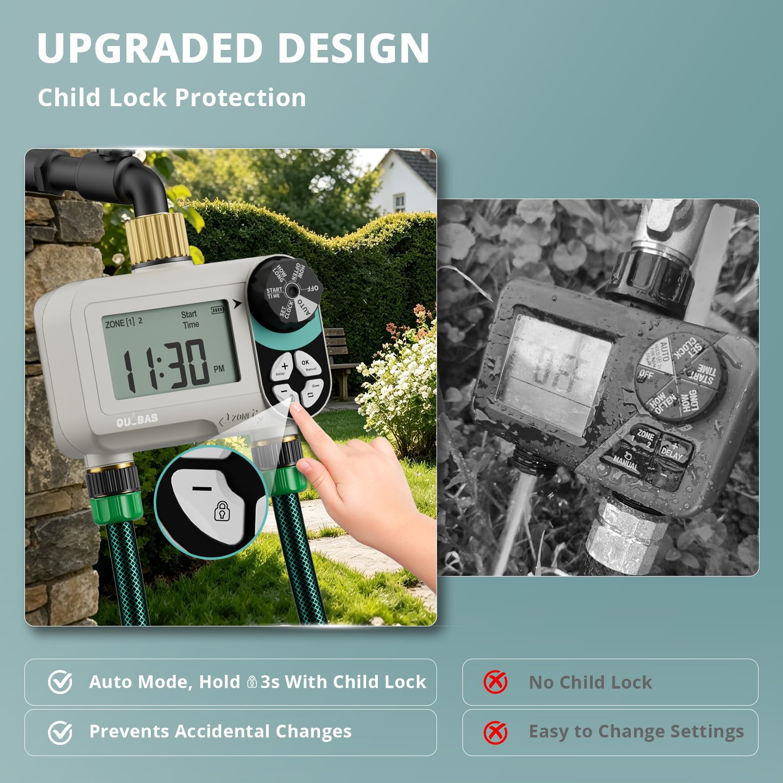 QUOBAS Timer per irrigazione a pressione zero con blocco bambini, timer programmabile per tubo da giardino con porte in ottone, sistema di irrigazione manuale o automatico, 2 zone di irrigazione per