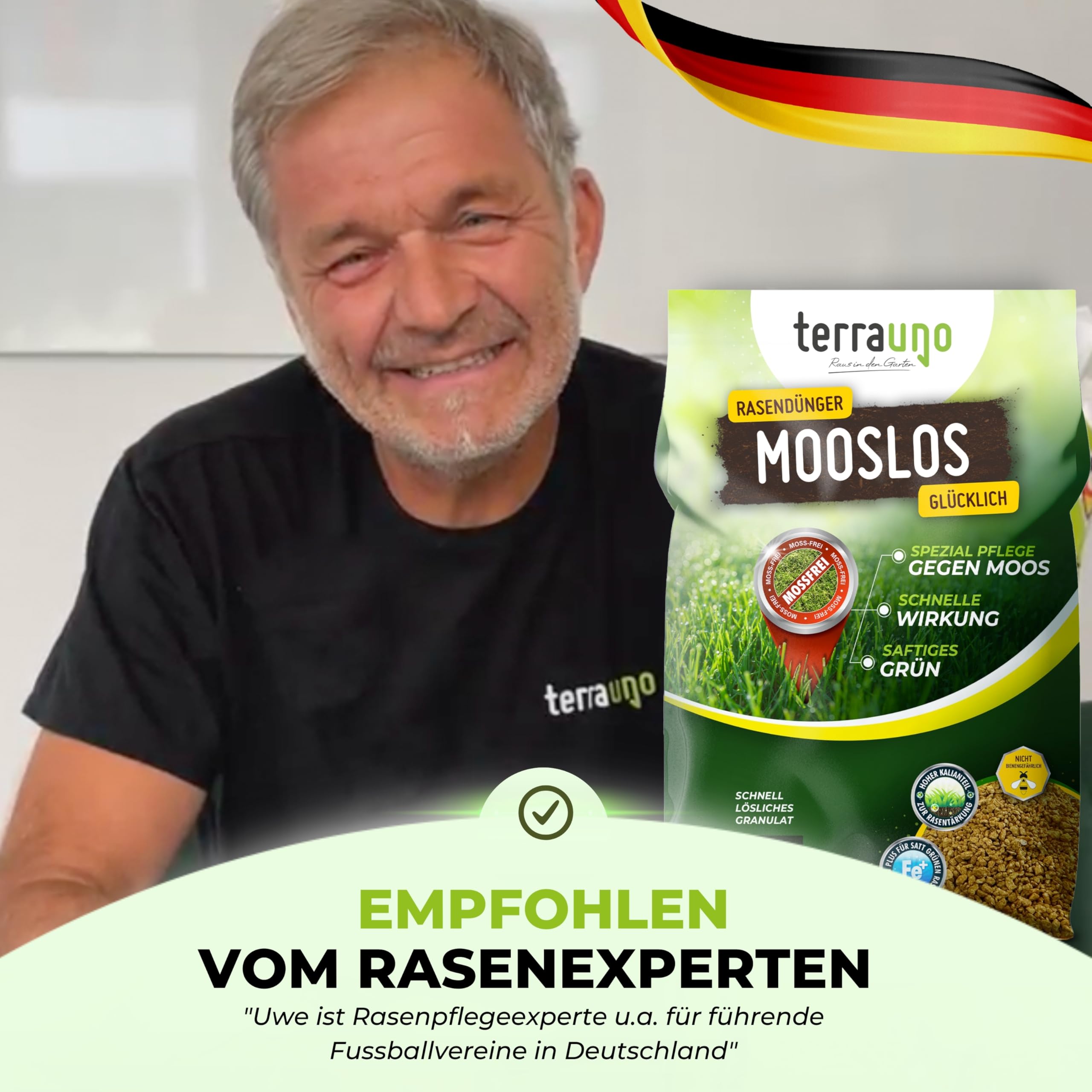 TerraUno Rasendünger Frühjahr Mooslos Glücklich, Moosfrei in 3 Tagen, 10 kg für 300 m², Eisendünger gegen Moos, extrafeines Granulat, Frühjahrsdünger Rasen, Dünger für den Streuwagen