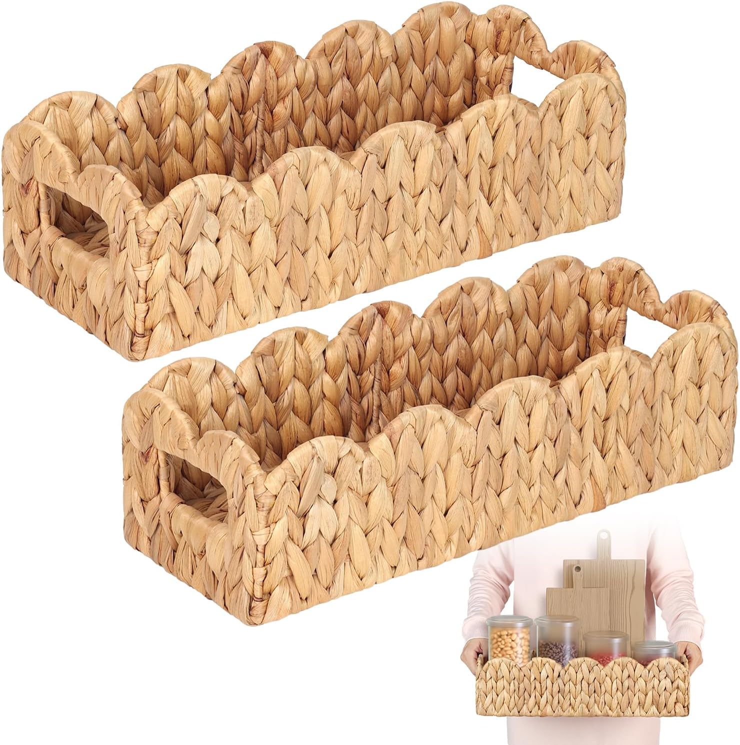Handwoven Water Hyacinth Scalloped Countertop Storage Basket, Toilet Tank Basket for Bathroom, Scalloped Edge Wicker Rectangle Basket for Toilet Paper Baskets (2, Natural)