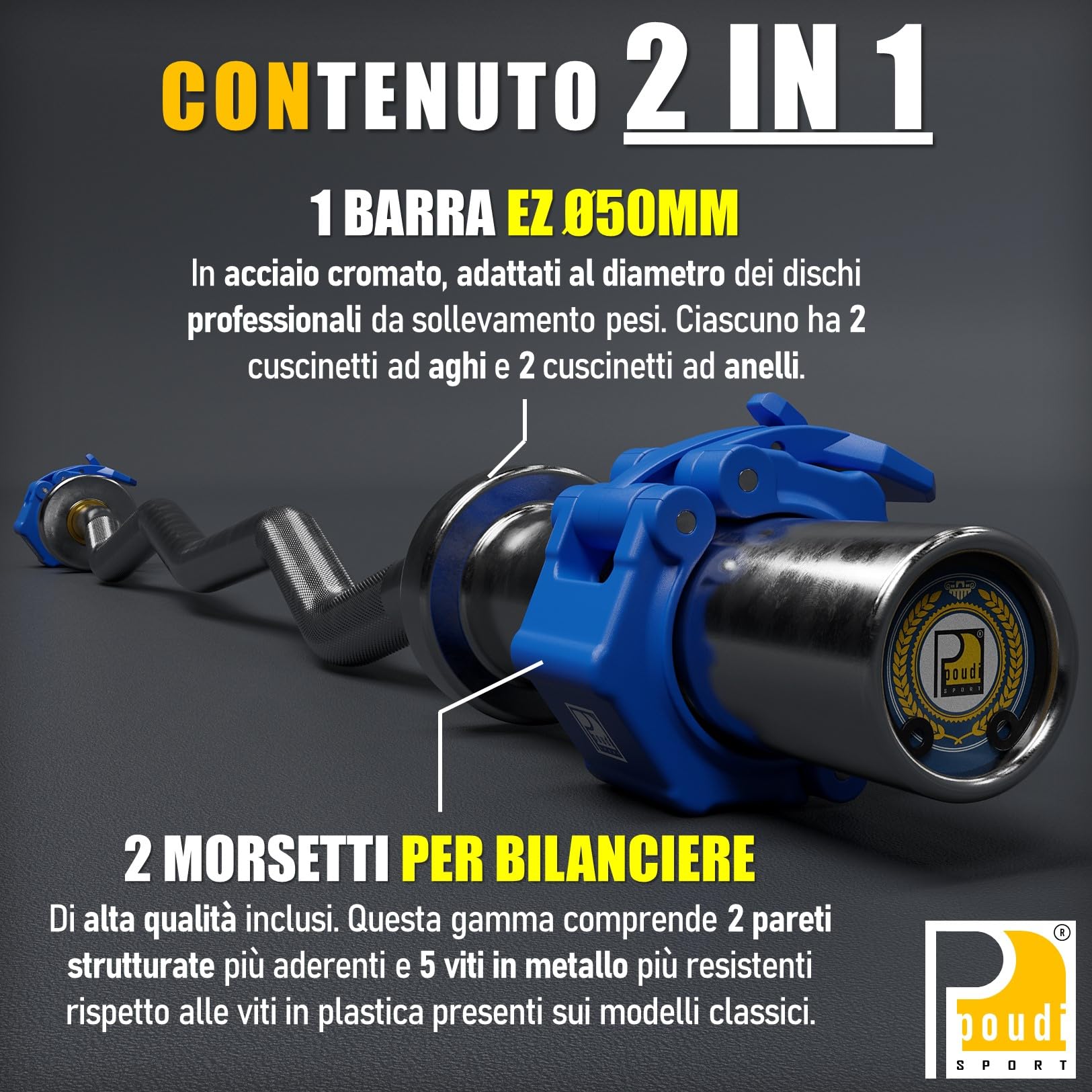 1 EZ curl barra bilanciere in acciaio cromato 120cm – 10kg - Ø 50mm | Carica massima : 182kg | 2 Morsetti per bilanciere