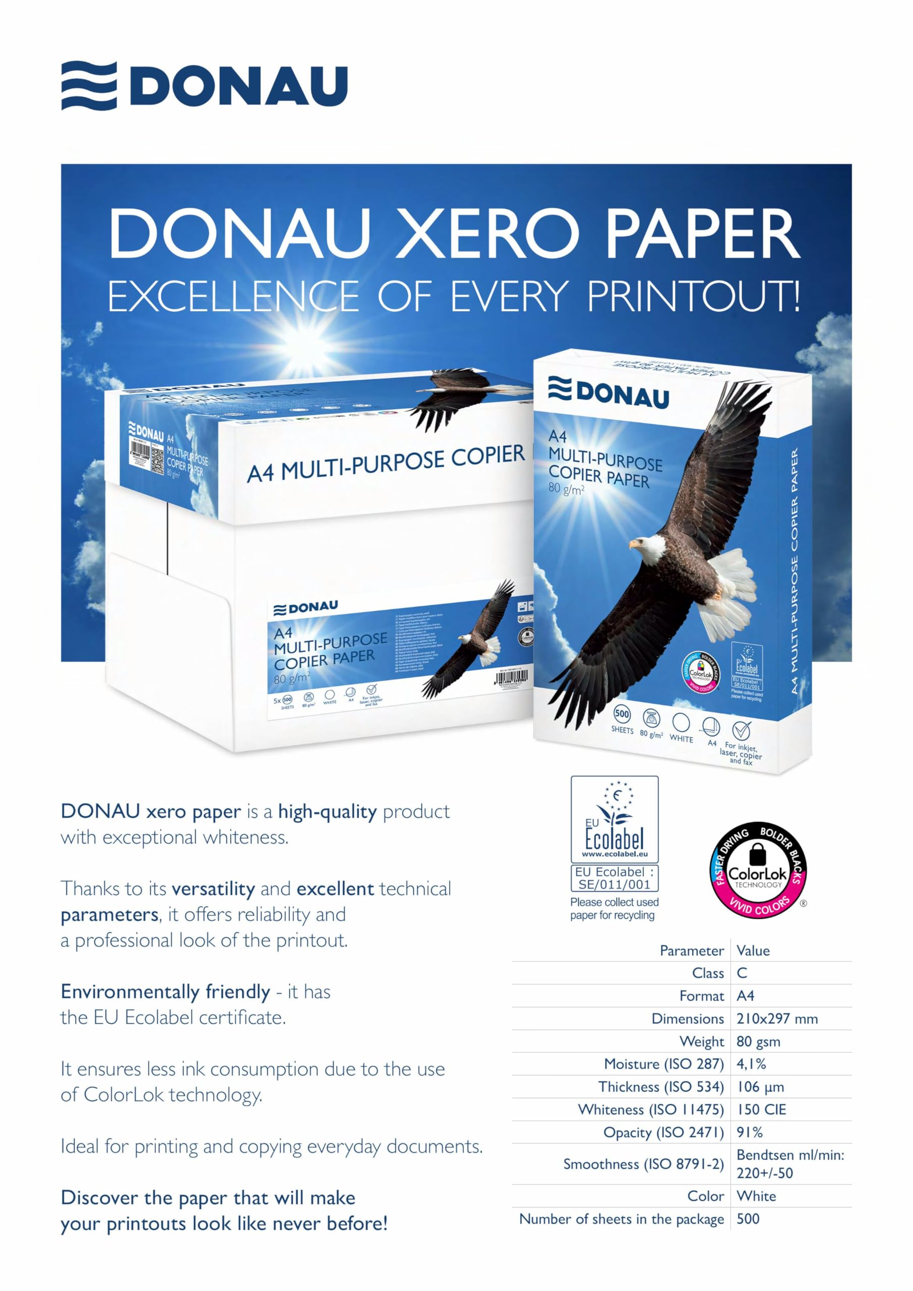 DONAU Kopierpapier A4 - 80g/m² - 500 Blatt - Mit EU Ecolabel