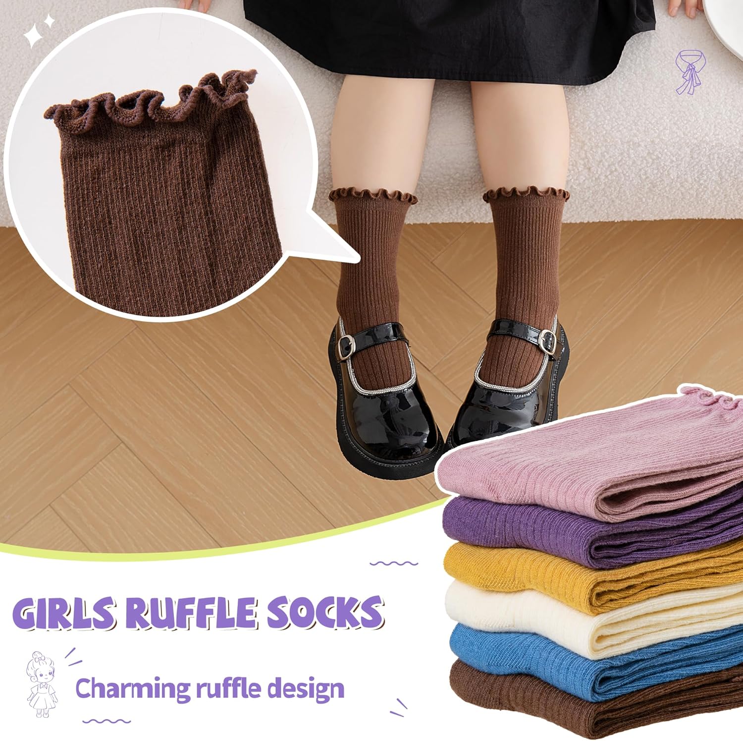 SeeyAN Girls Ruffle Socks Frilly Kids Crew Dress Cotton Soft Cute Toddler Socks 6 Pairs - Image 3
