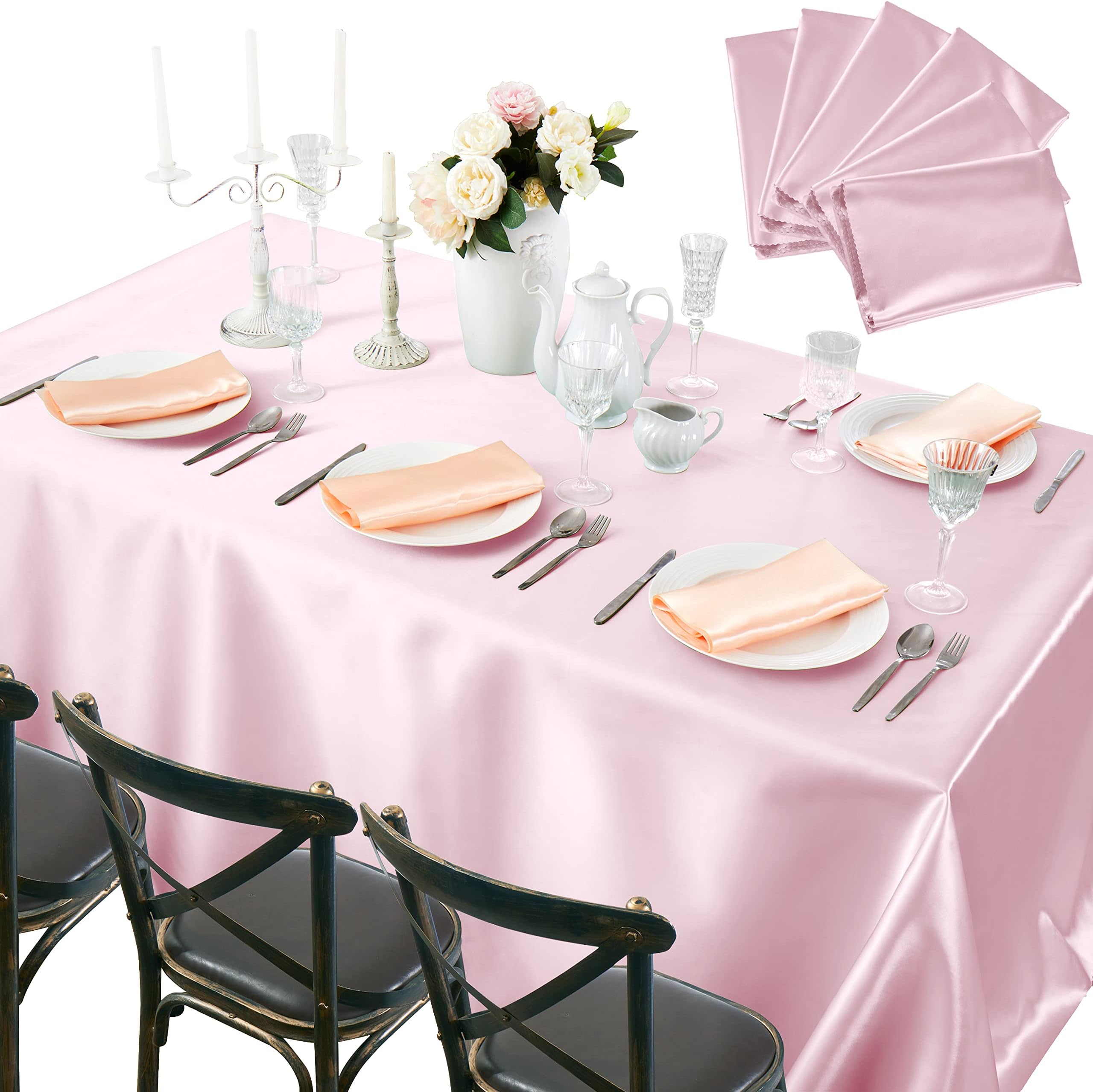 Manyshofu Satin Tablecloth 6Pcs Long Rectangle Tablecloth - 60 x 102 Inches, Pink Tablecloth Satin Table Cover Silky Table Cloth - Smooth Overlay Table Cloth for Wedding Party Restaurant Banquet