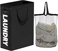 Vista 9 de TECHMILLY Cesta de lavandería delgada con asas largas ajustables, cestas pequeñas de lavandería de 45L con parte superior de malla, cesta de ropa