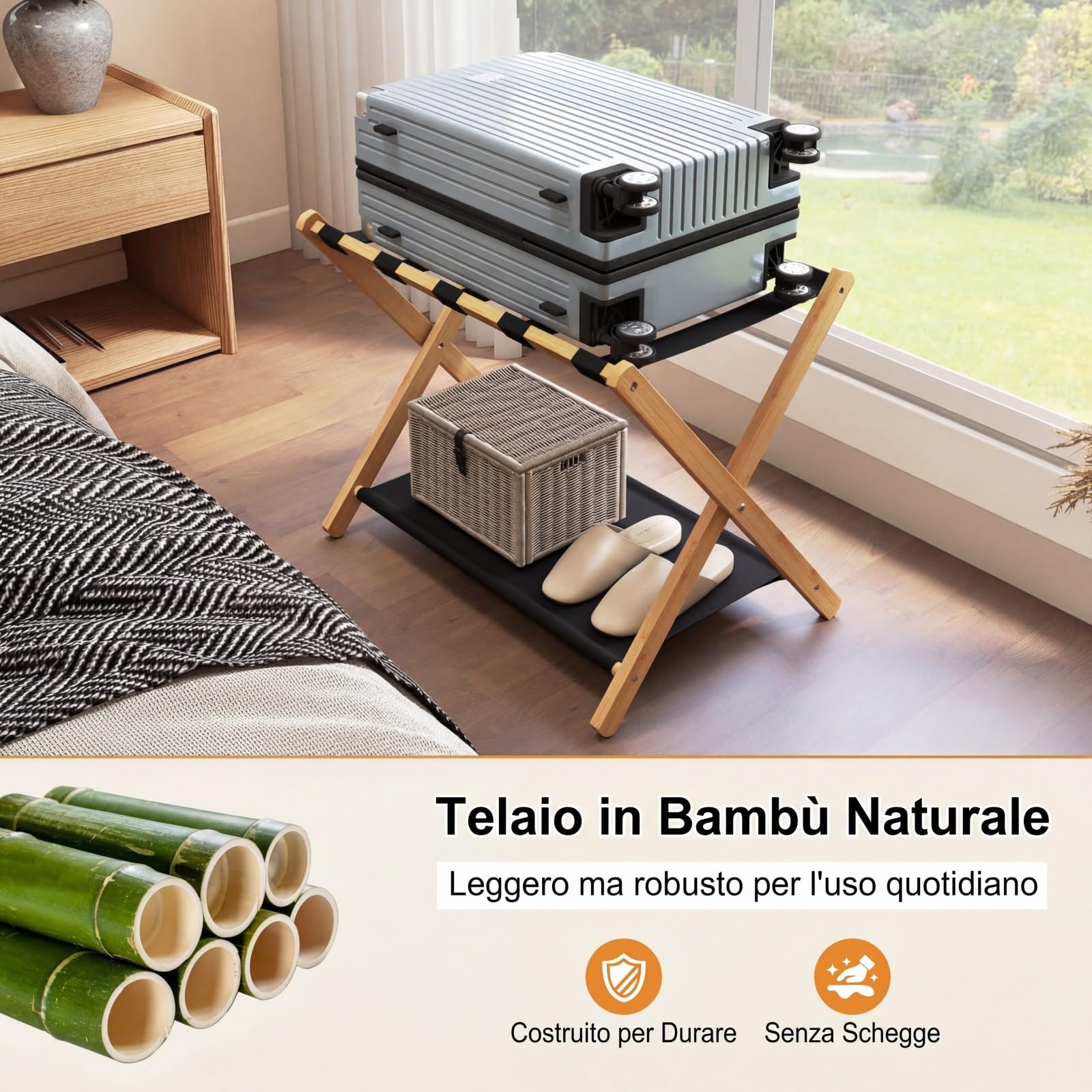 GYMAX Set di 2 Portavaligie in Bambù, Supporti Pieghevoli per Valigie con Mensola Portaoggetti in Tessuto, 5 Cinghie in Nylon Resistenti, Portavaligie per Camera Ospiti, Camera da Letto(Naturale)