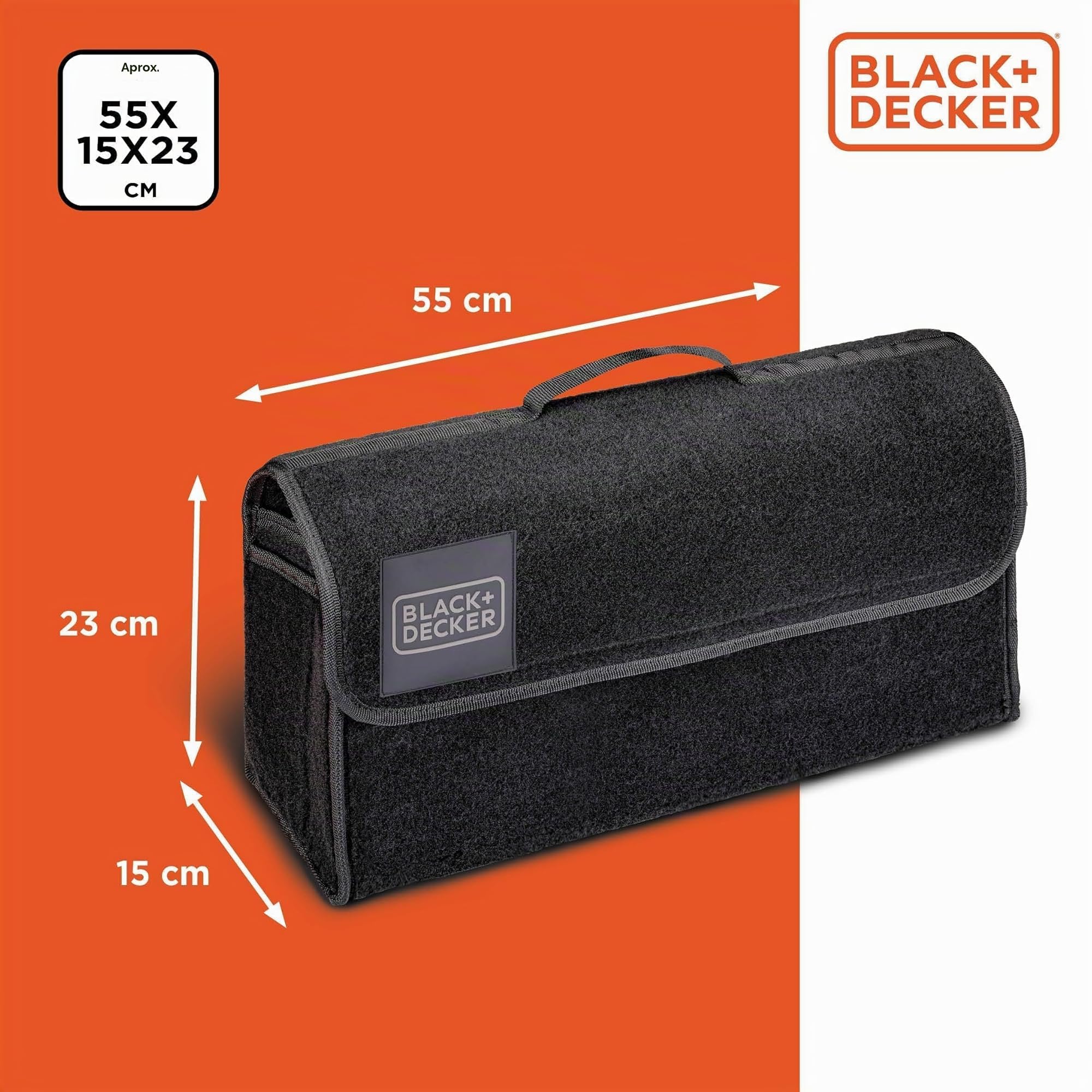 Black+Decker Organizador Maletero Coche - Organizador Coche 55 x 15 x 23 CM - Caja Plegable con 1 Compartimento Grande y 2 Bolsillos Deslizantes - Accesorios Coche y Compras - Con Velcro - Negro