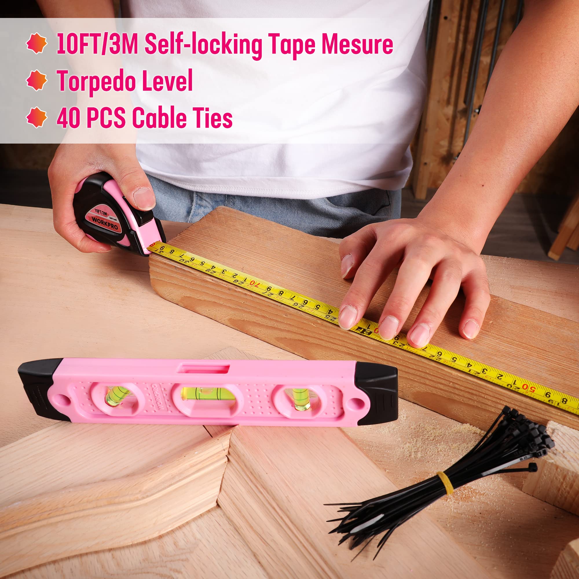 WORKPRO 73 pezzi Set di strumenti con 3.7V Cacciavite a batteria, Set Attrezzi Uso Riparazione e Lavoro con Pinza, Coltello, Cacciavite, Chiavi, Livella in Rosa