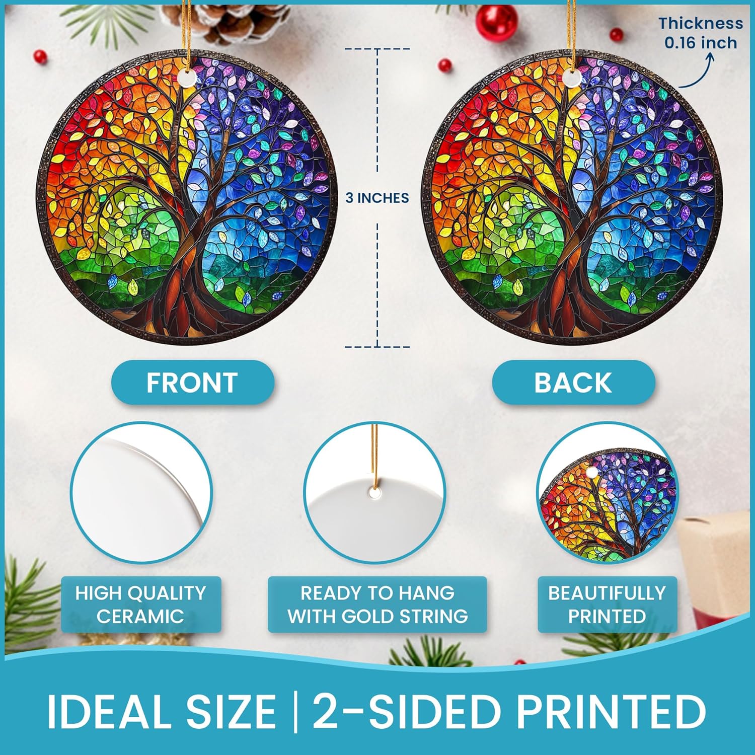 Tree of Life Ornament - Ceramic Double Sided Printed Ornaments - Elegant Tree of Life Decor for Christmas Tree - Unique Christmas Ornaments and Christmas Decor - Image 5