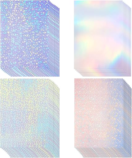 Clabby 36 Sheets Holographic Sticker Paper A4 Vinyl Holographic Laminate Sheets Self Adhesive Waterproof Transparent Film, 11.7 x 8.3 inches(Gem,Rainbow,Dot,Star)