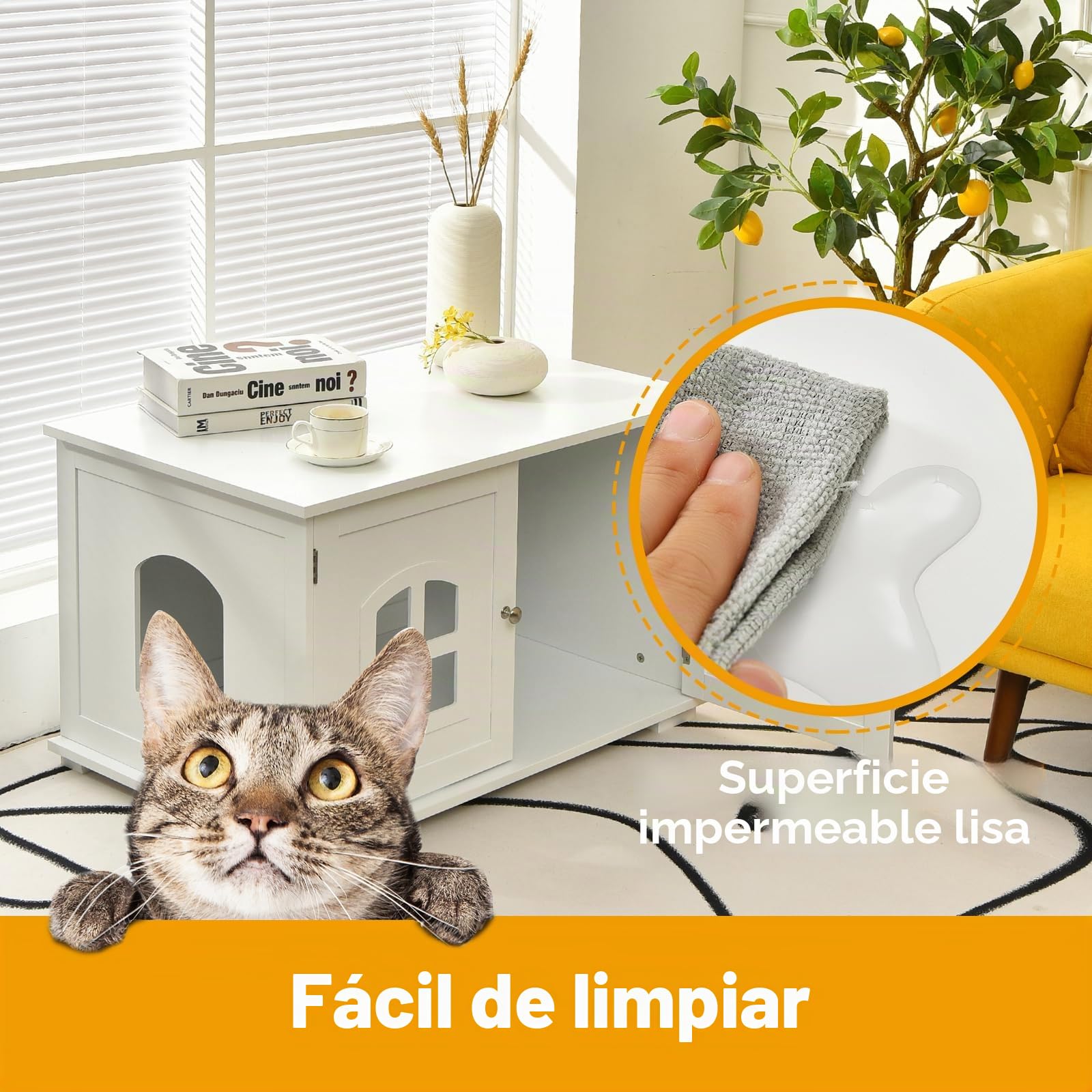GOPLUS Casa para Gatos, Inodoro para Gatos con Separador Interior extraíble, Armario para Gatos con Orificio de Entrada y Ventana de Cruz y 2 Puertas magnéticas, 81 x 53 x 49 cm (Blanco)