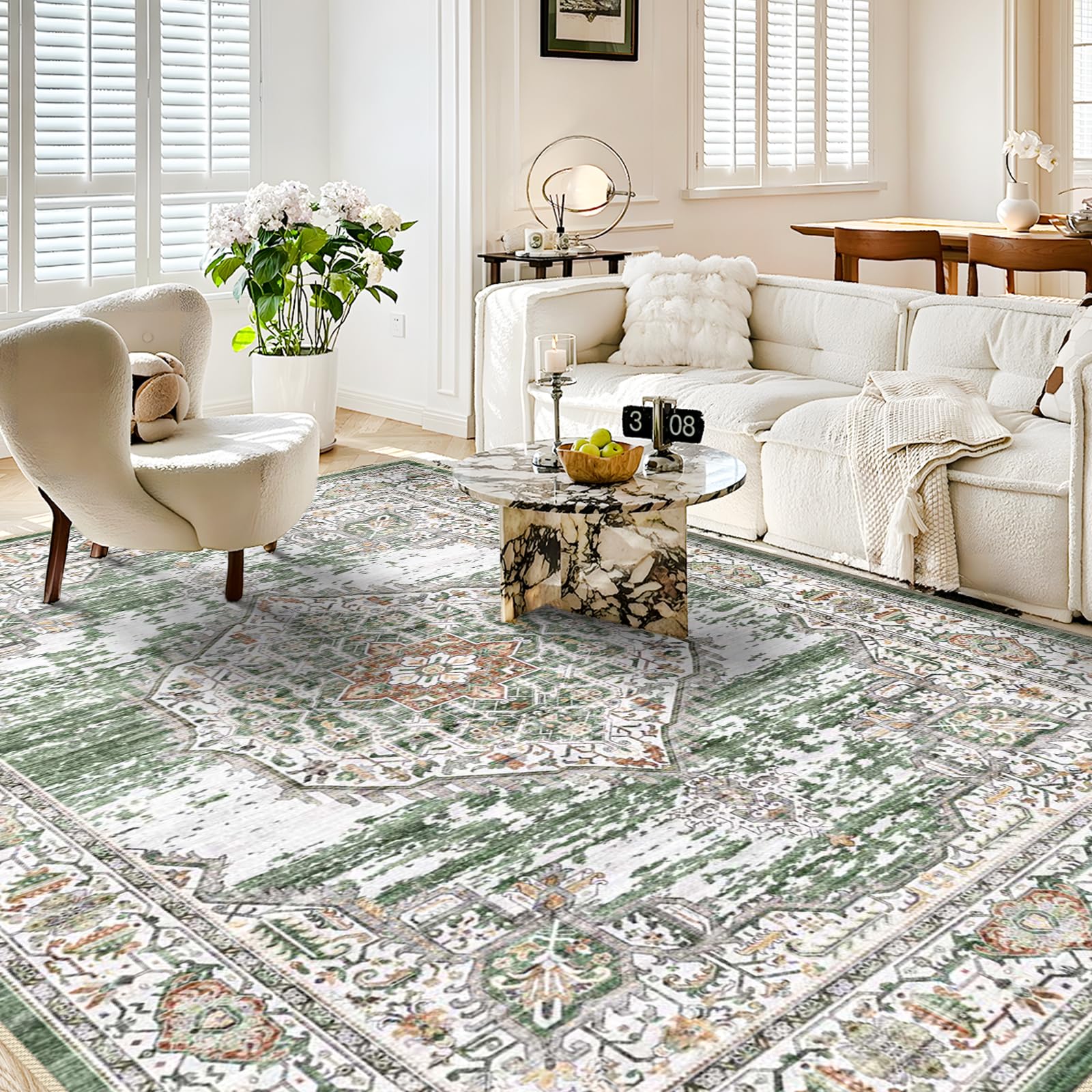 Oriential 8x10 Washable Rug: Area Rugs for Living Room - Soft Indoor Low Pile Carpet for Bedroom - Stain Resistant Anti Slip Backing Rugs 8'x10' Green