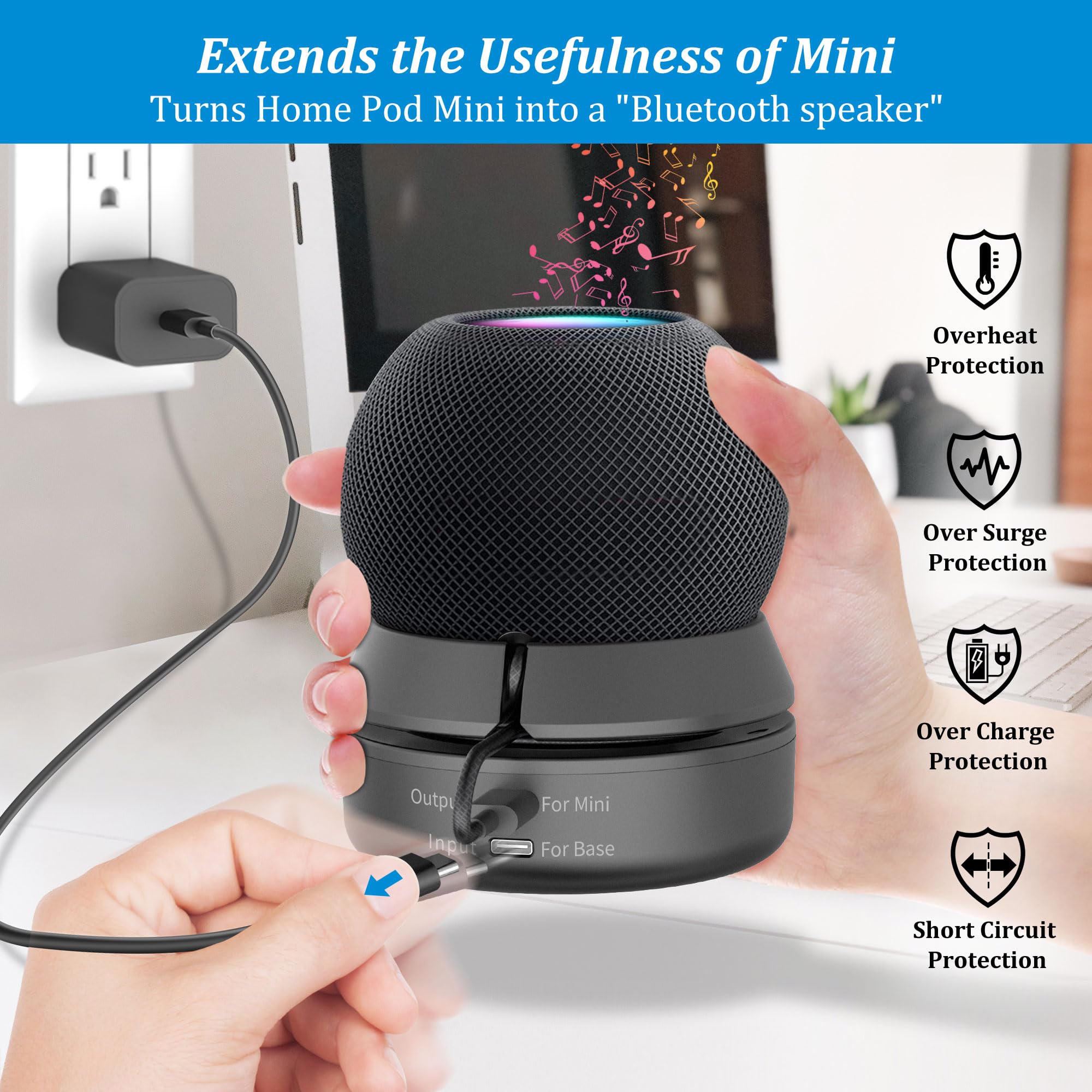 PlusAcc Akumulator kompatybilny z HomePod Mini – stojak na baterie, Home Pod Mini, akcesoria, stacja akumulatorowa z wbudowanym zarządzaniem kablami (bez urządzeń), czarny