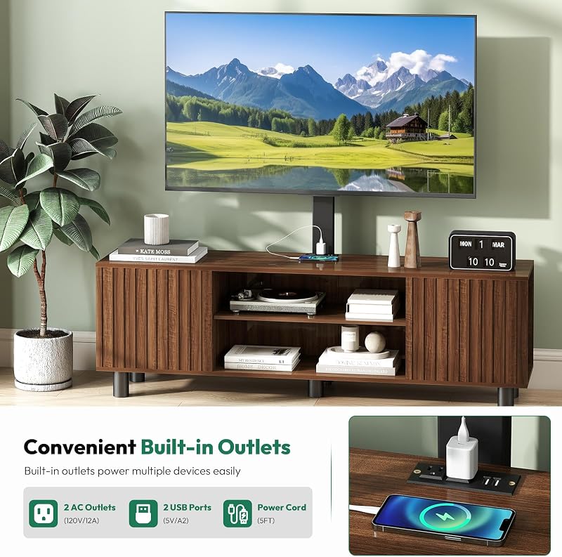 Lamtor TV Stand with Mount for 65-75 Inch TV, Fluted Walnut Console image 4