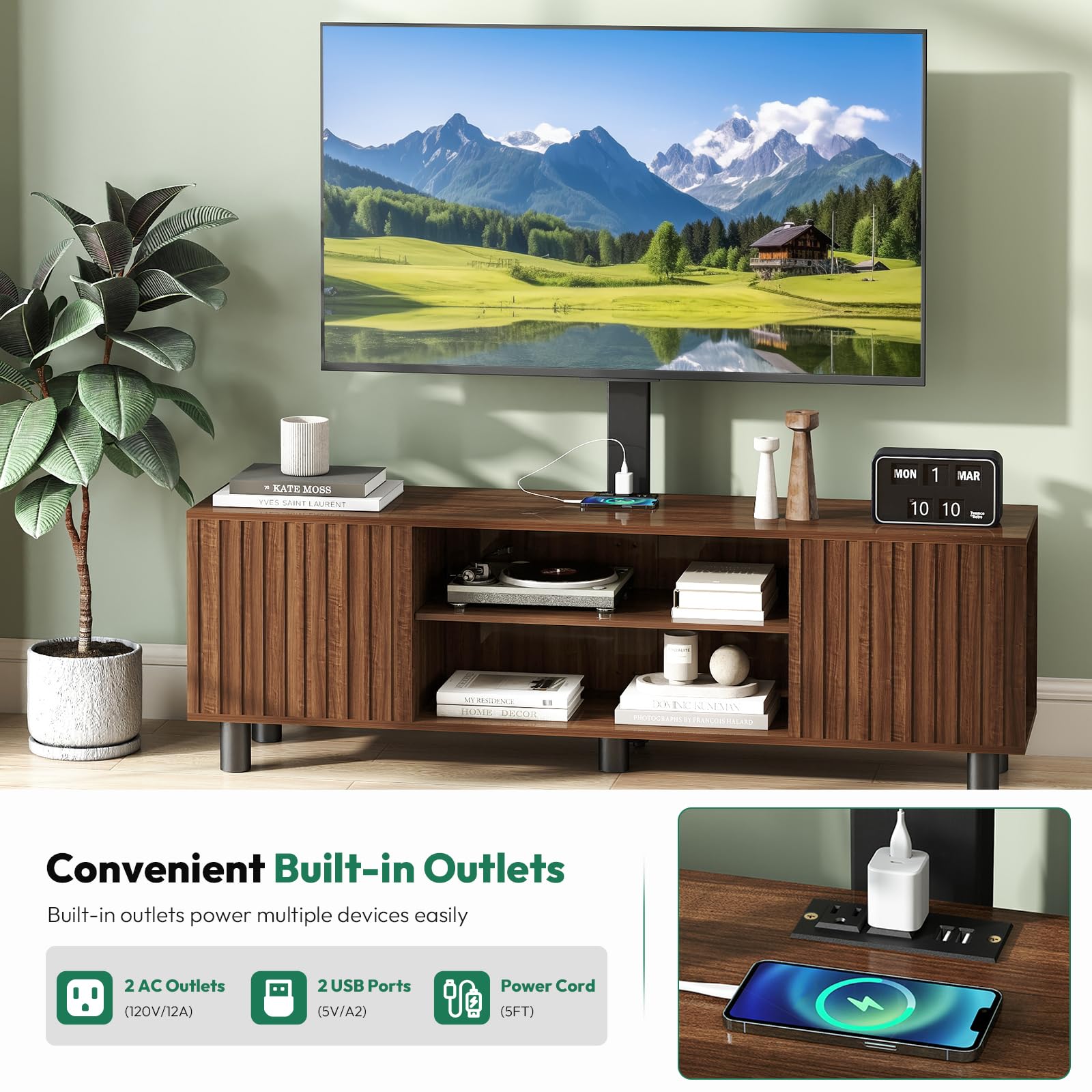 TV-Stand with Mount and Power Outlet, Fluted TV Stand for 65 70 75 Inch TV, Entertainment Center with Storage, Media Console Table for Living Room, Walnut