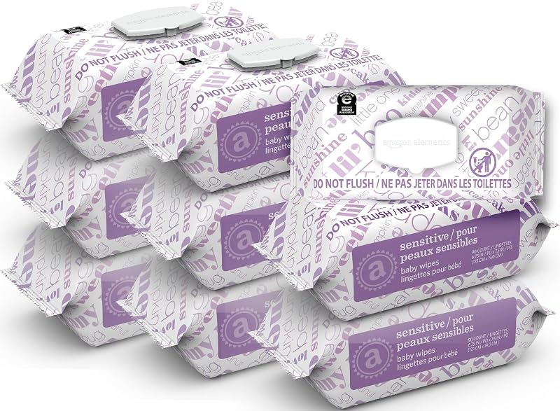 Baby Wipes, Sensitive, Unscented, Cleans Gently, 810 Count, Flip-Top Packs, Pack of 9