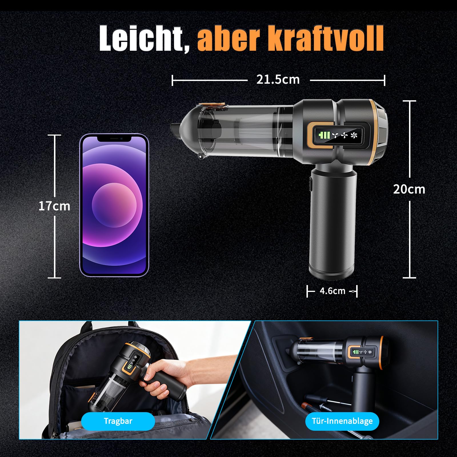 Handstaubsauger Akku Kabellos - 23000pa Auto Staubsauger Stark,Mini Staubsauger Für Auto,Pc,Haus,KüChe,Ritzen Und Ecken,Handsauger Akku Stark Saugend,Kann Als Luftpumpe u. Staubgebläse Dienen,6000mAh