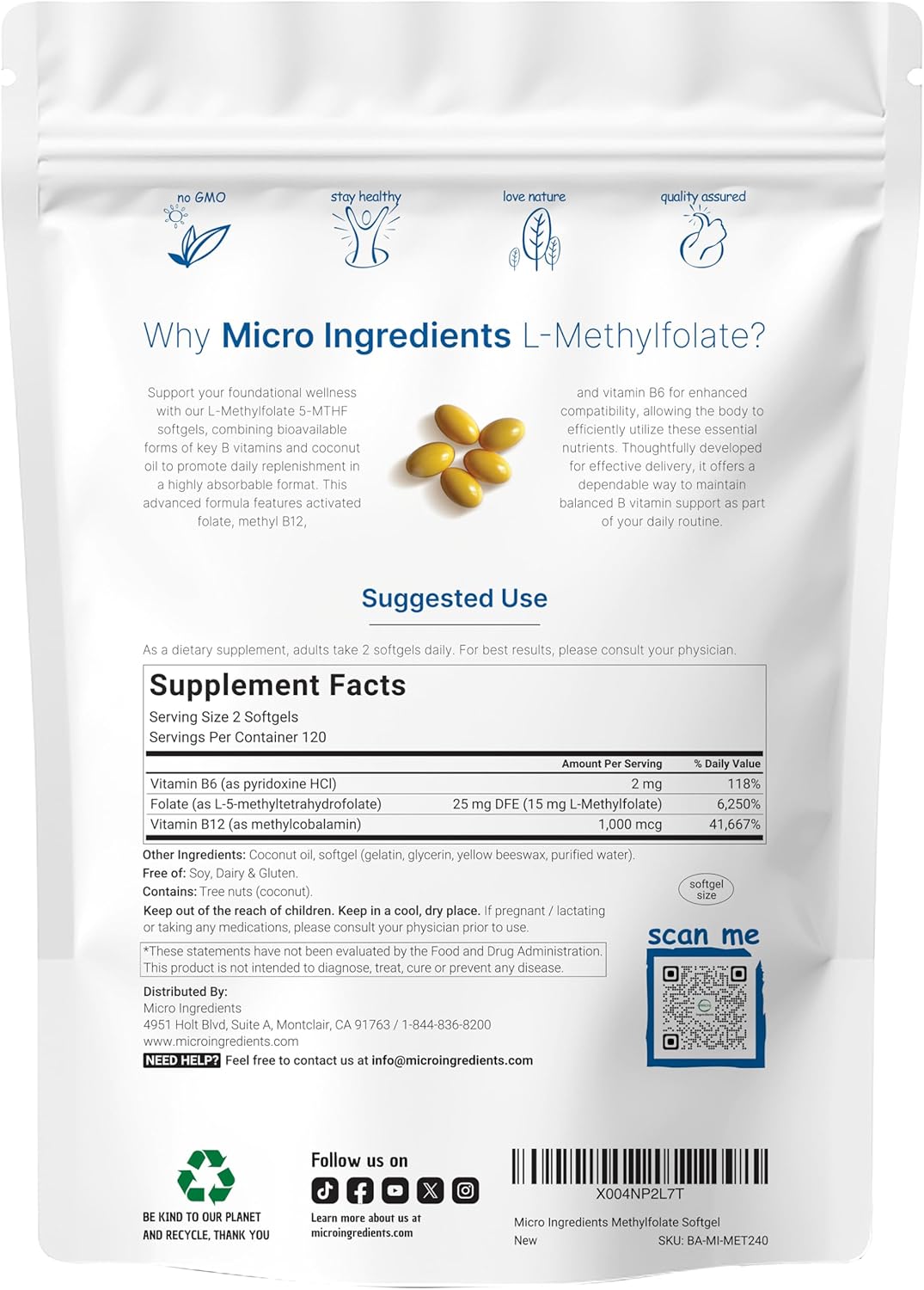 Micro Ingredients L Methylfolate 15mg, 240 Softgels | Active 5-MTHF with B6 & Methyl B12 | Methylated Vitamin B9 with Coconut Oil