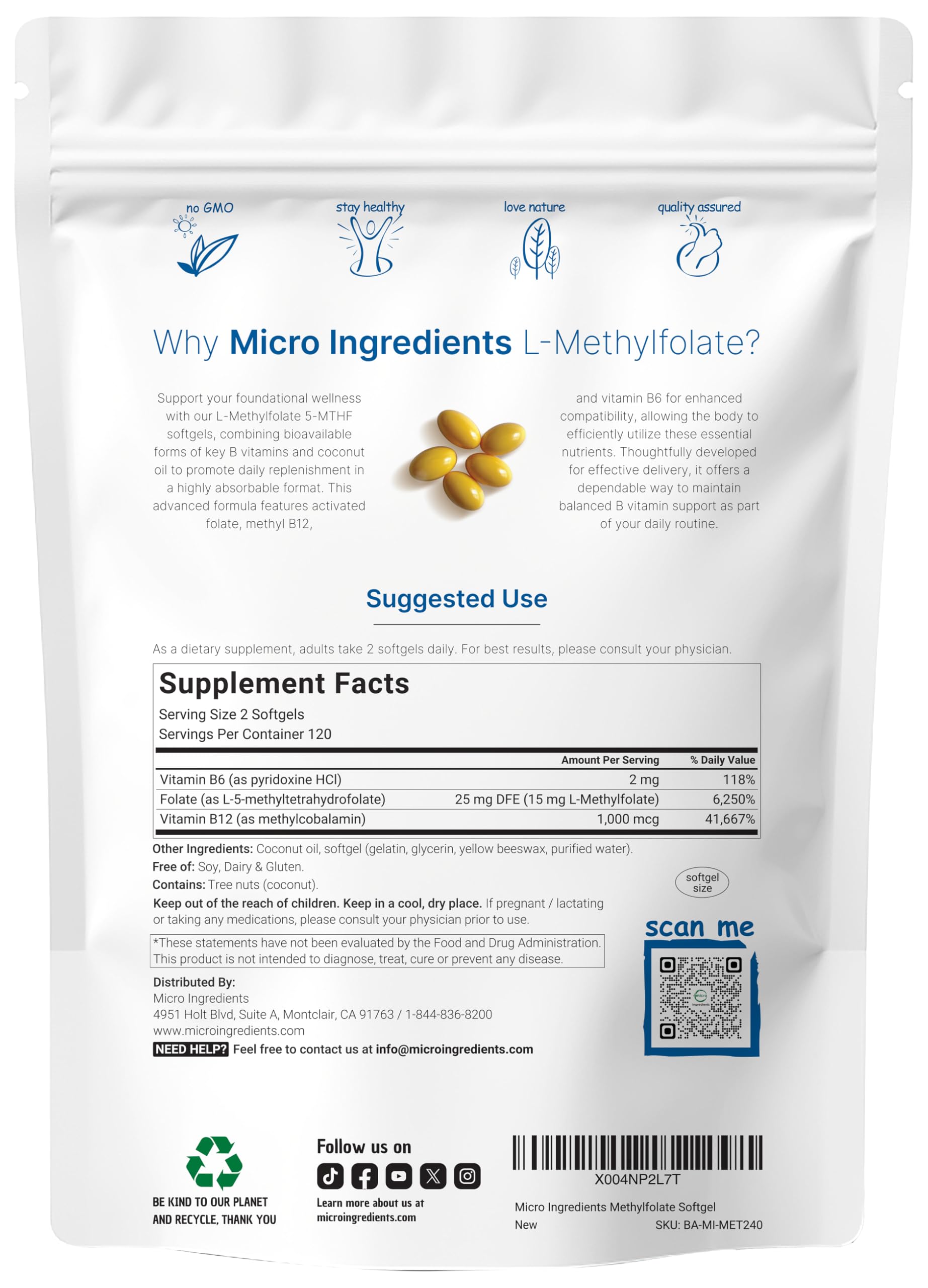 Micro Ingredients L Methylfolate 15mg, 240 Softgels — Amazon image 2