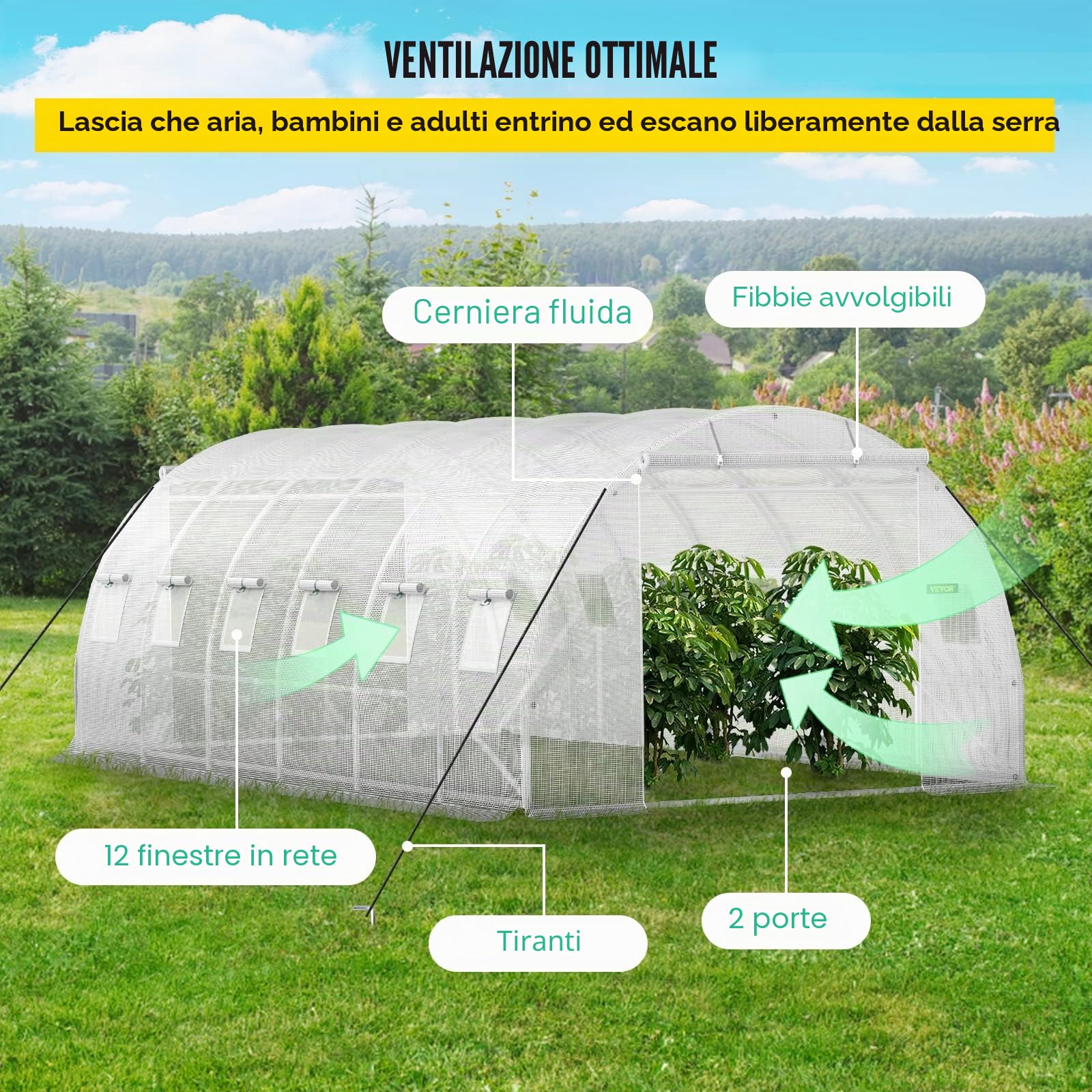 VEVOR Serra Giardino per Piante a Tunnel Impermeabile con 12 Finestre e Porte 6,1 x 3 x 2,1m, Serra a Tunnel da Esterno Impermeabile in Acciaio Zincato Copertura PE 30,6 kg,Serra a Tunnel Bianco,12107
