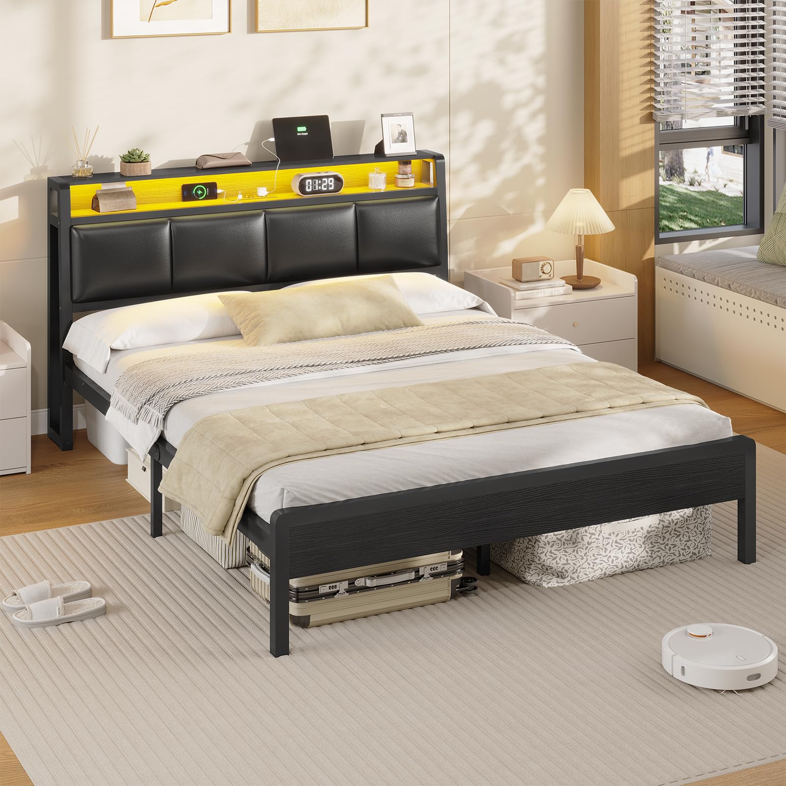 KIMENICH Bett 140 x 200, Bett mit LED-Beleuchtung, Polsterbett 140x200, Ladestation, Bettgestell mit Lattenrost, für Schlafzimmer, Gästezimmer, Schwarz