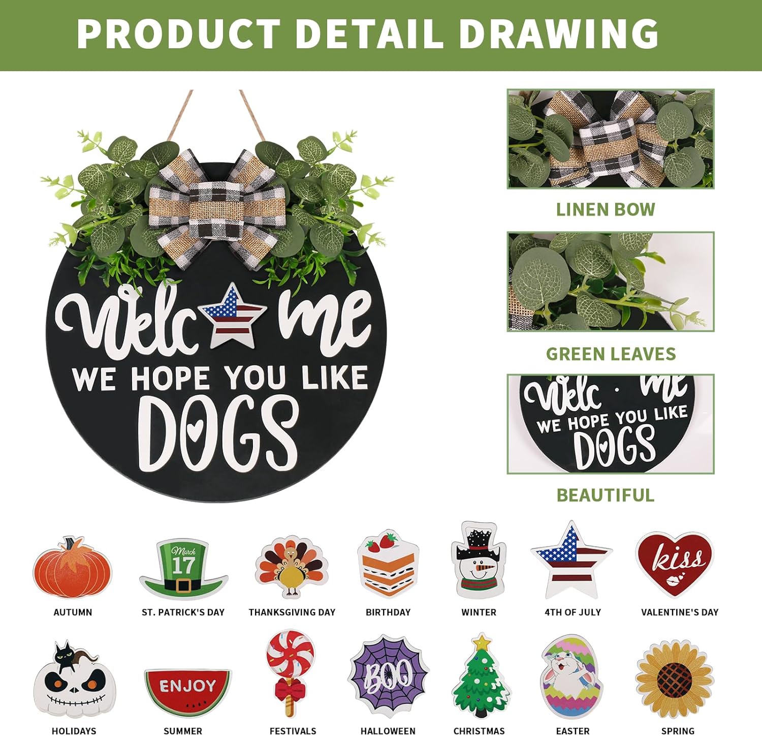 Interchangeable Wooden Seasonal Welcome Sign, Rustic Round Dogs Sign Front Door Wreaths for Home/Wall/Porch Decor, for Easter Spring Summer Fall Halloween Christmas All Season Decorations - Image 3